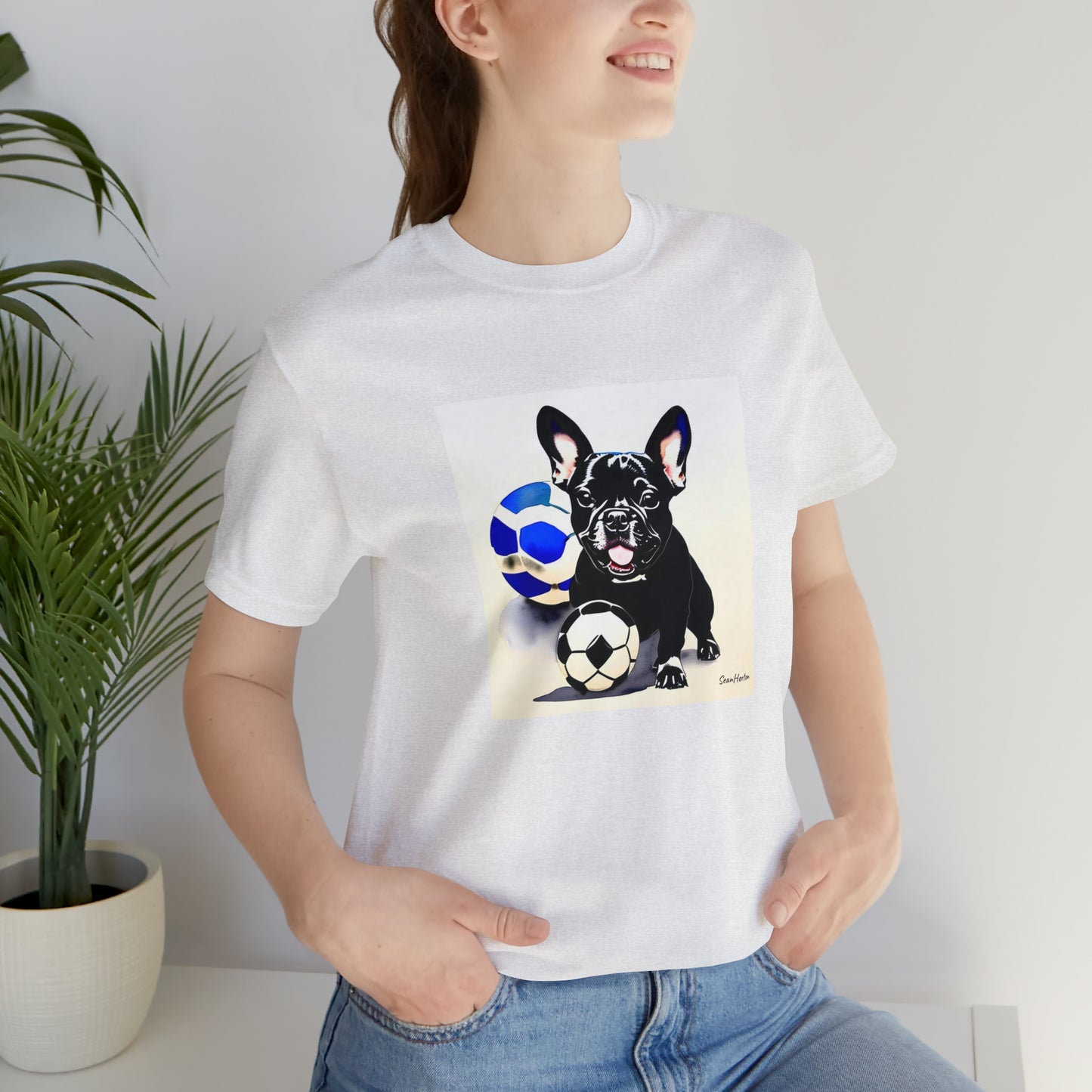 Frenchie with Soccer Ball Unisex Jersey Short Sleeve Tee