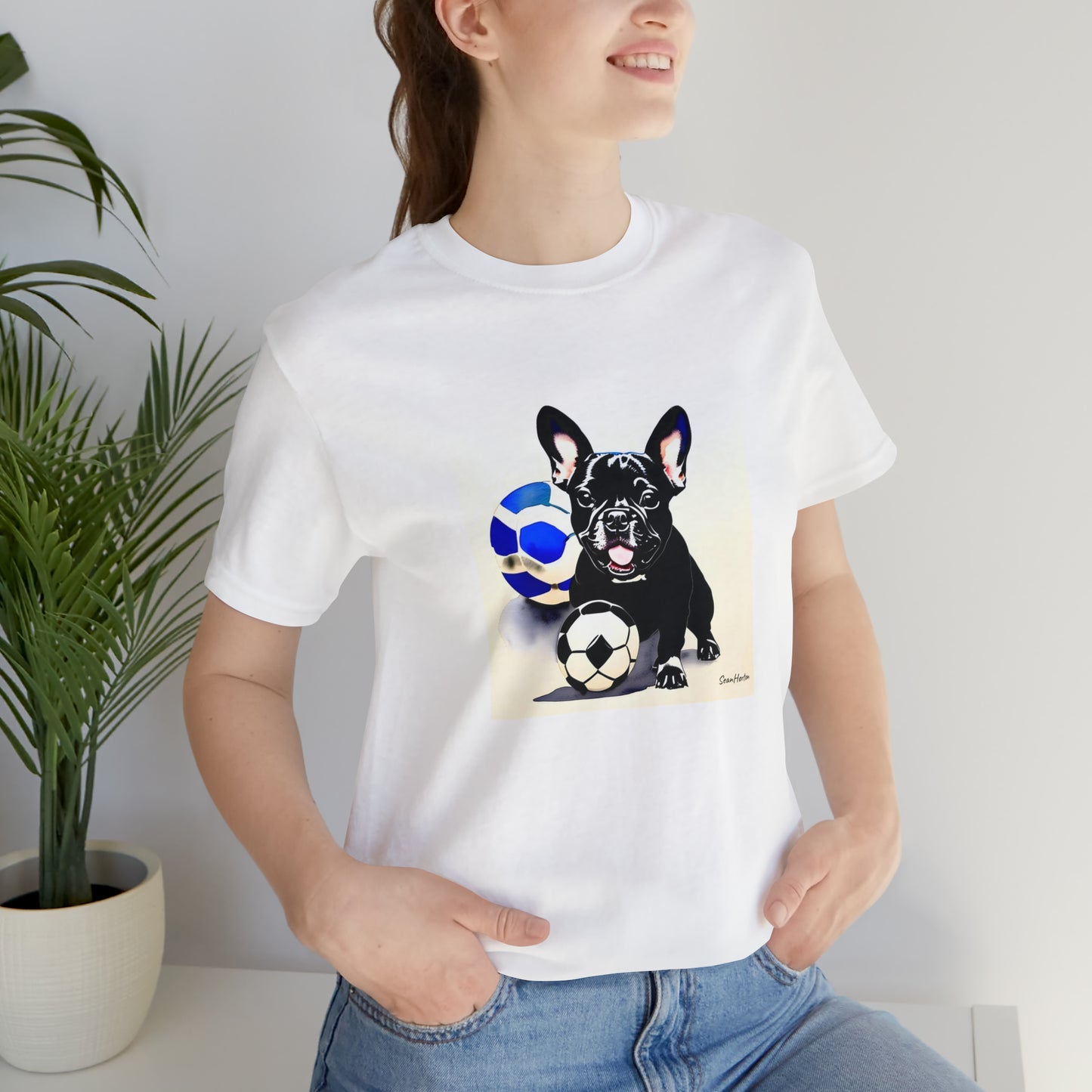 Frenchie with Soccer Ball Unisex Jersey Short Sleeve Tee