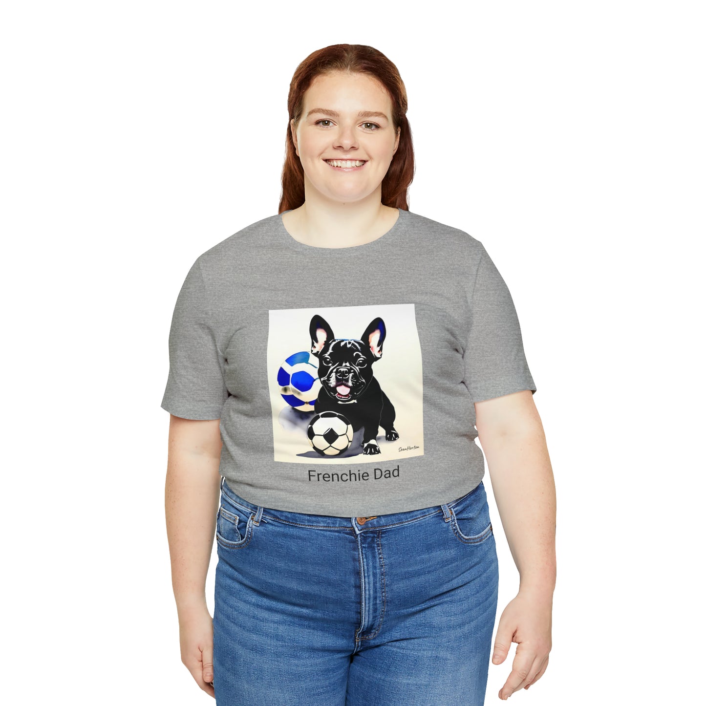 Frenchie with Soccer Ball/Frenchie Dad Unisex Jersey Short Sleeve Tee
