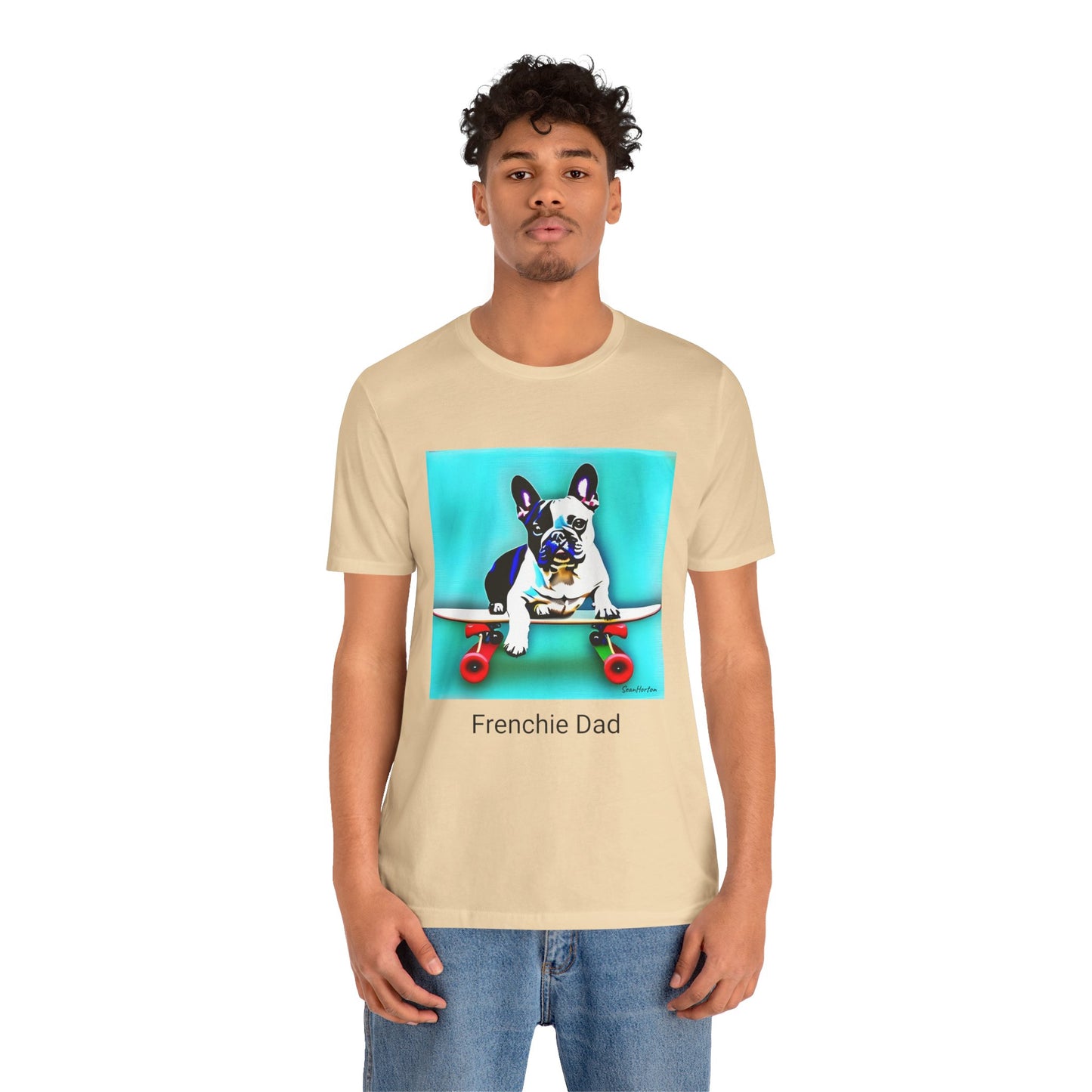 Frenchie on a Skateboard/Frenchie Dad Unisex Jersey Short Sleeve Tee