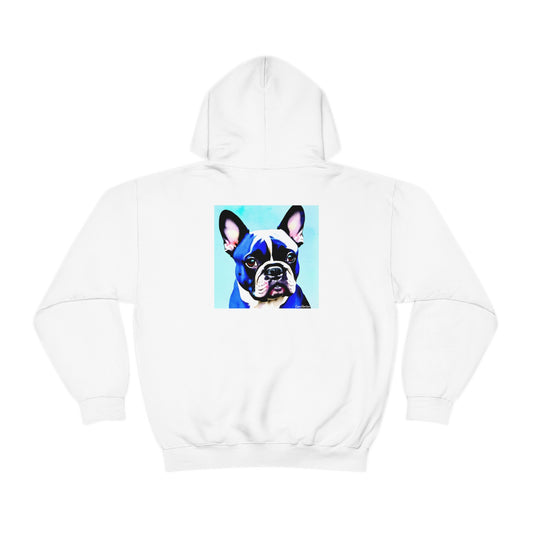 Blue Frenchie on the Back of Hoodie Unisex Heavy Blend™ Hooded Sweatshirt