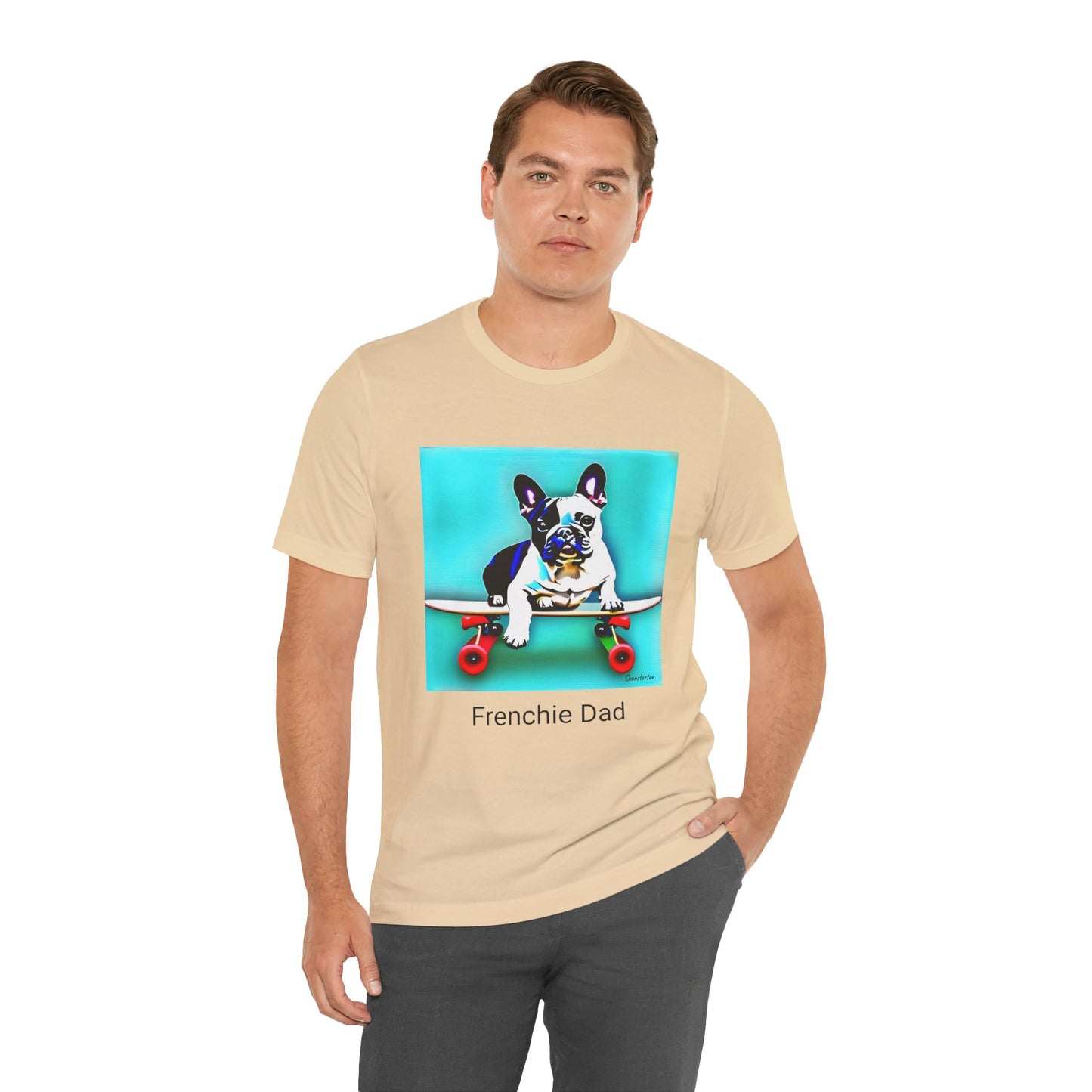 Frenchie on a Skateboard/Frenchie Dad Unisex Jersey Short Sleeve Tee
