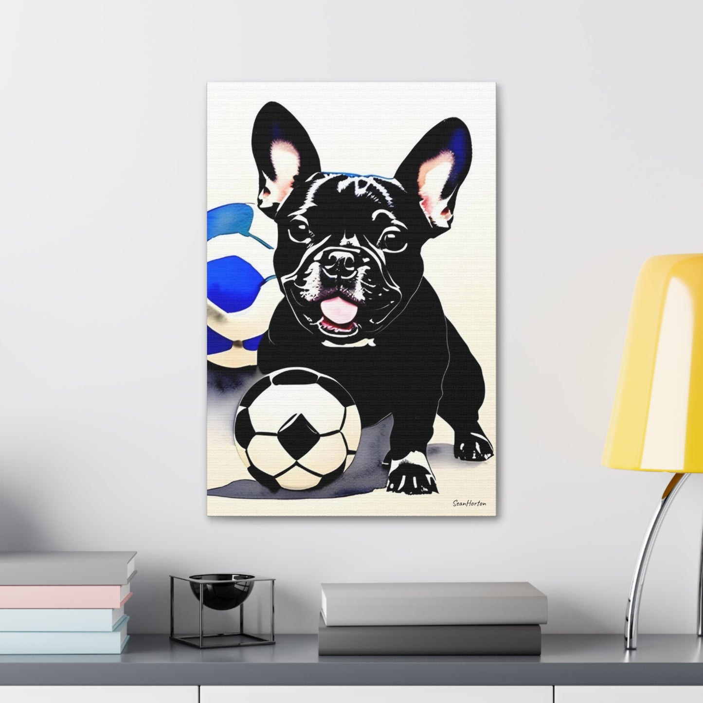 Frenchie with a Soccer Ball (Verticle) Canvas Stretched, 1.5''