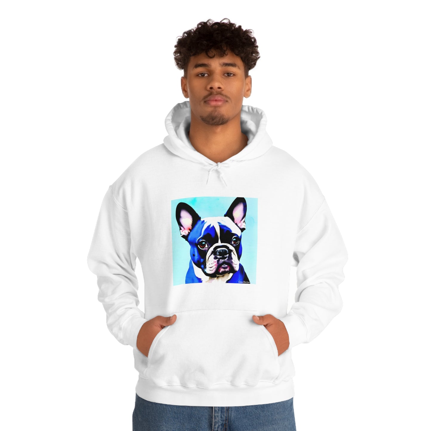 Blue Frenchie/Frenchie Mom on Back Unisex Heavy Blend™ Hooded Sweatshirt