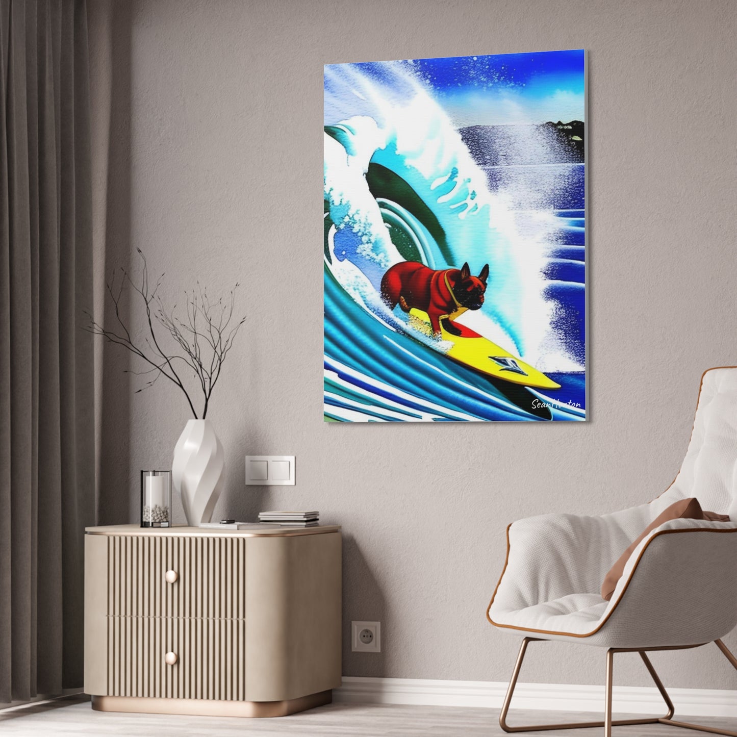 Surfing Frenchie (Verticle) Canvas Stretched, 1.5''