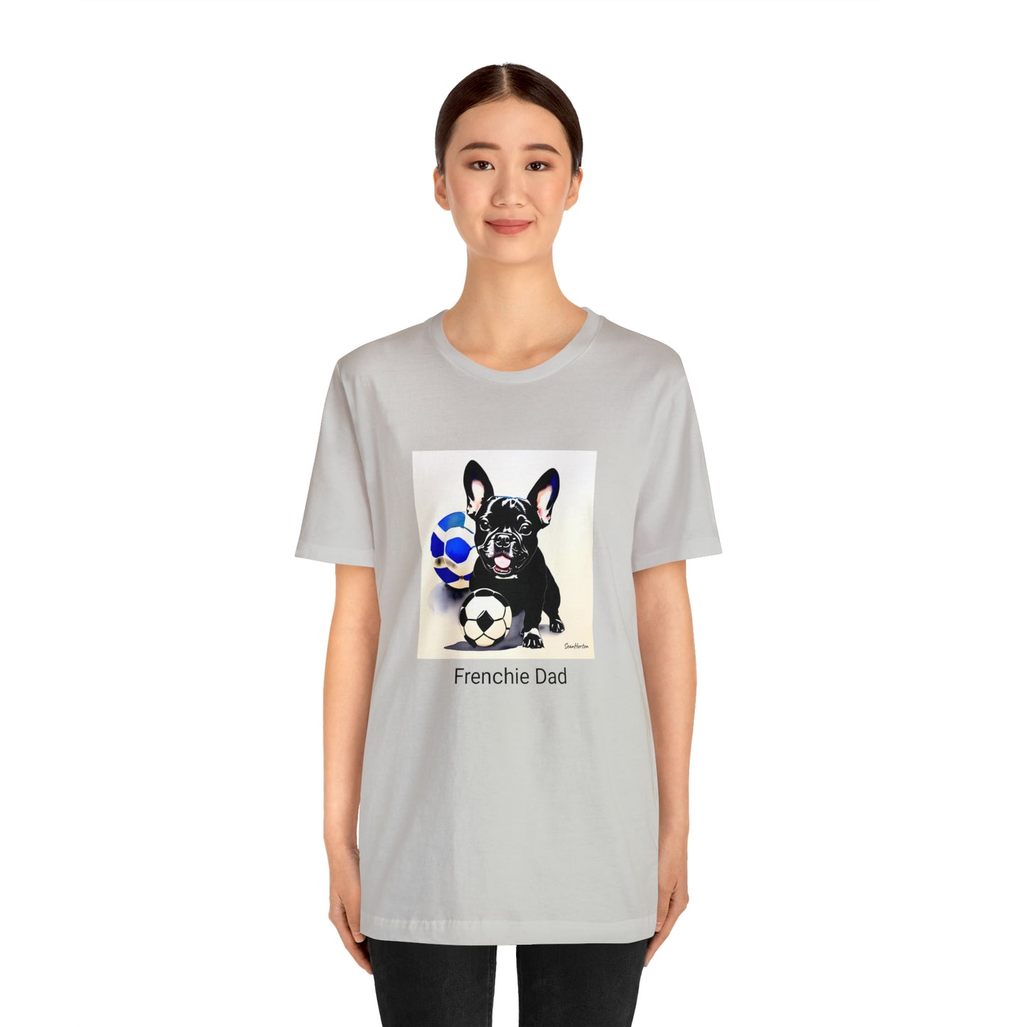 Frenchie with Soccer Ball/Frenchie Dad Unisex Jersey Short Sleeve Tee