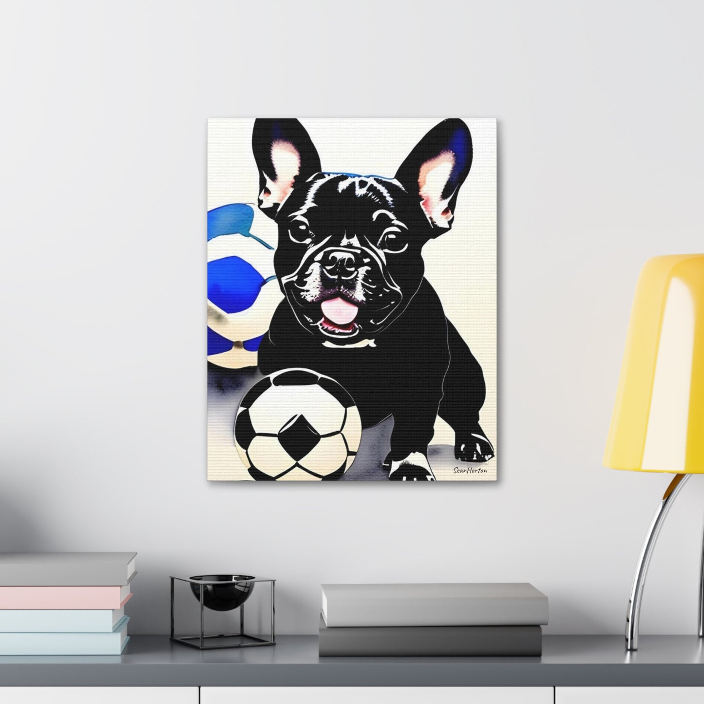 Frenchie with a Soccer Ball (Verticle) Canvas Stretched, 1.5''