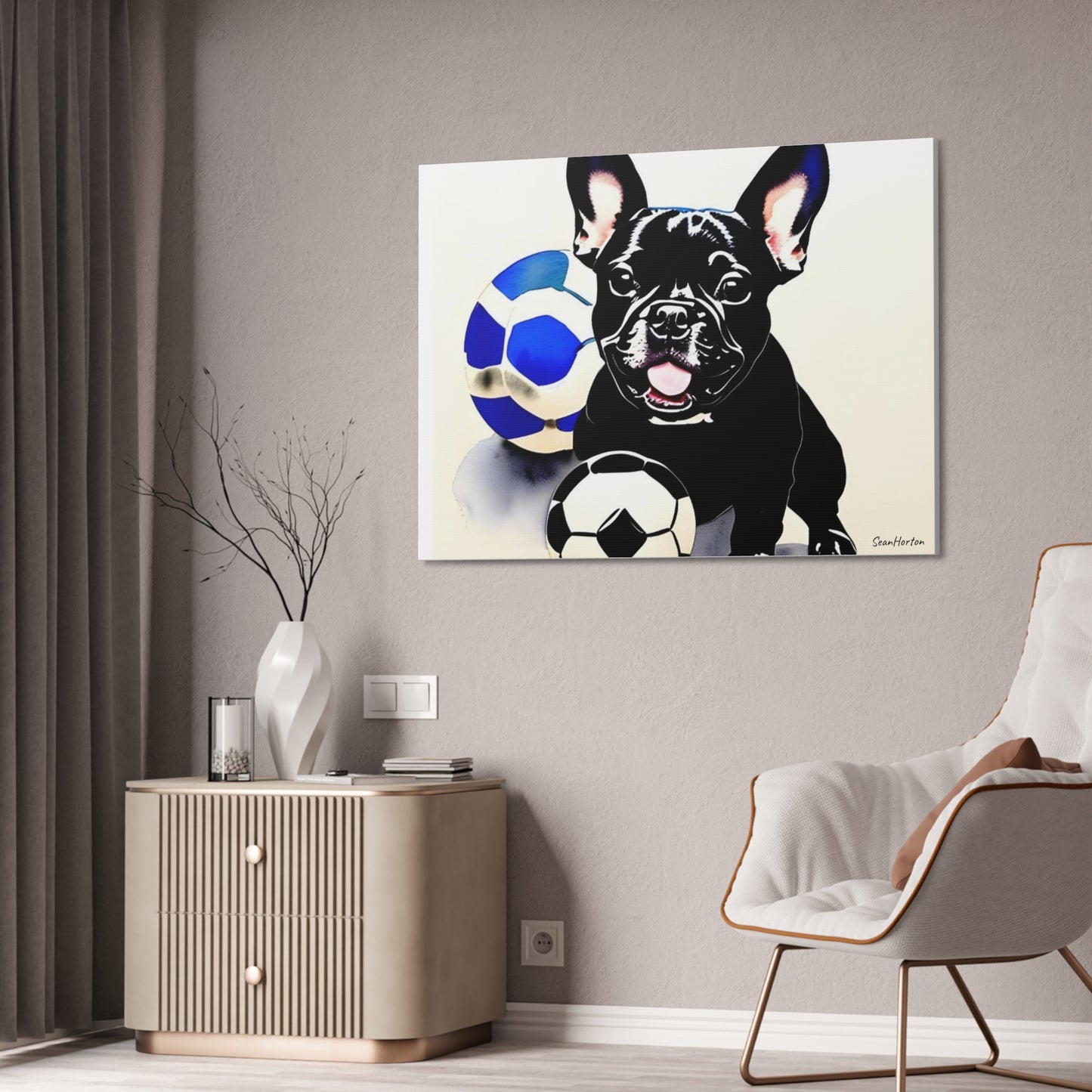 Frenchie with a Soccer Ball(Horizontal) Canvas Stretched, 1.5''
