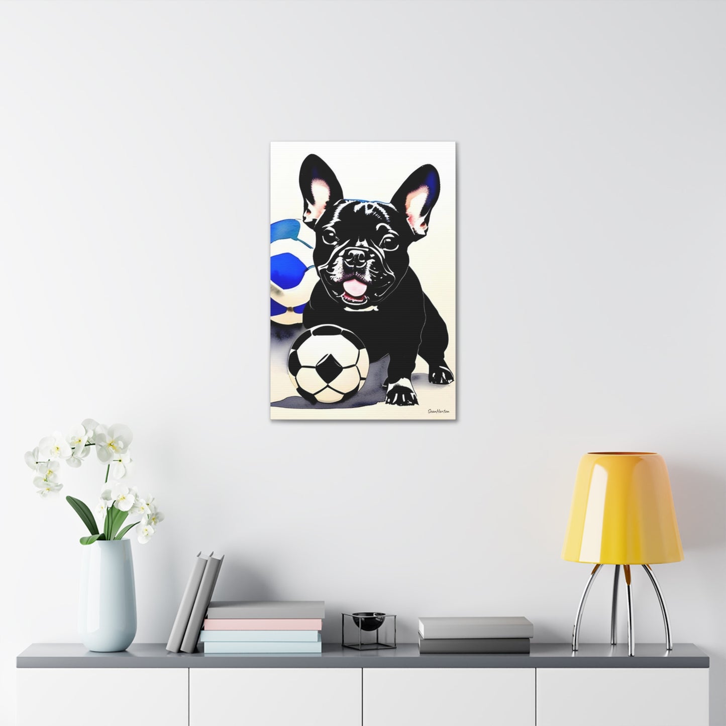 Frenchie with a Soccer Ball (Verticle) Canvas Stretched, 1.5''