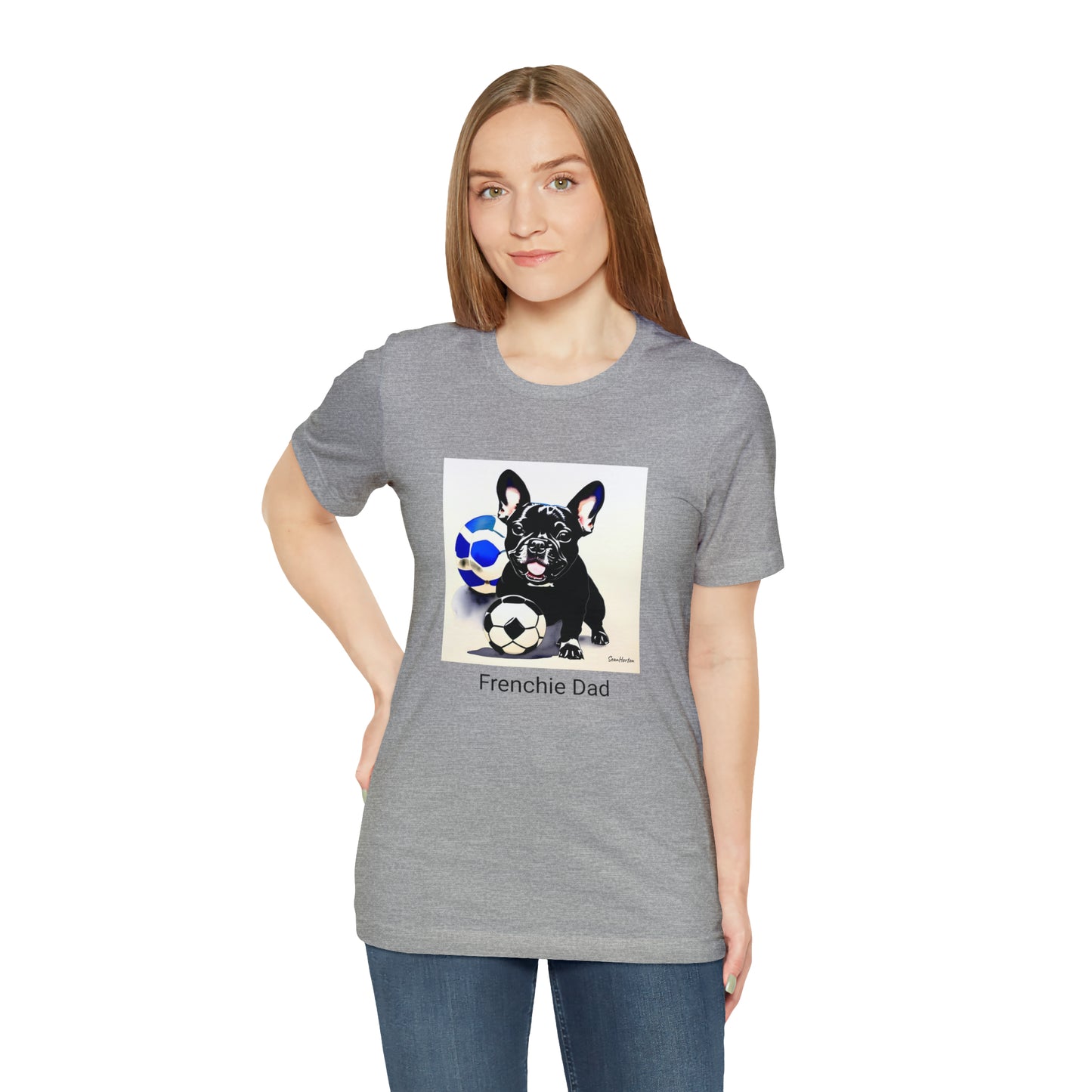 Frenchie with Soccer Ball/Frenchie Dad Unisex Jersey Short Sleeve Tee