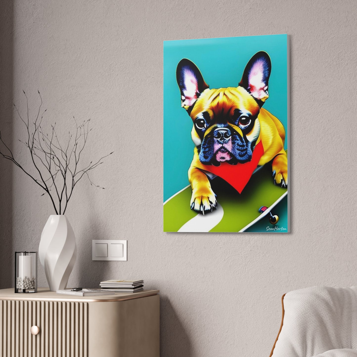 Frenchie on a Skateboard #2 (Verticle) Canvas Stretched, 1.5''