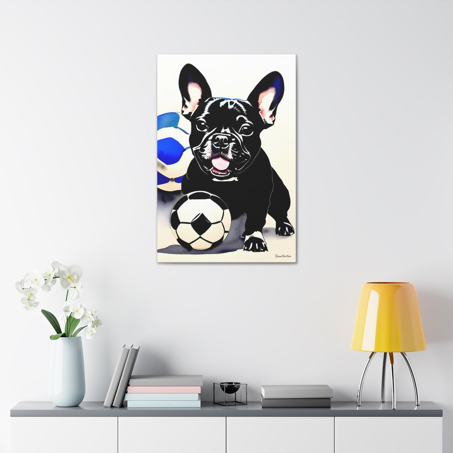 Frenchie with a Soccer Ball (Verticle) Canvas Stretched, 1.5''