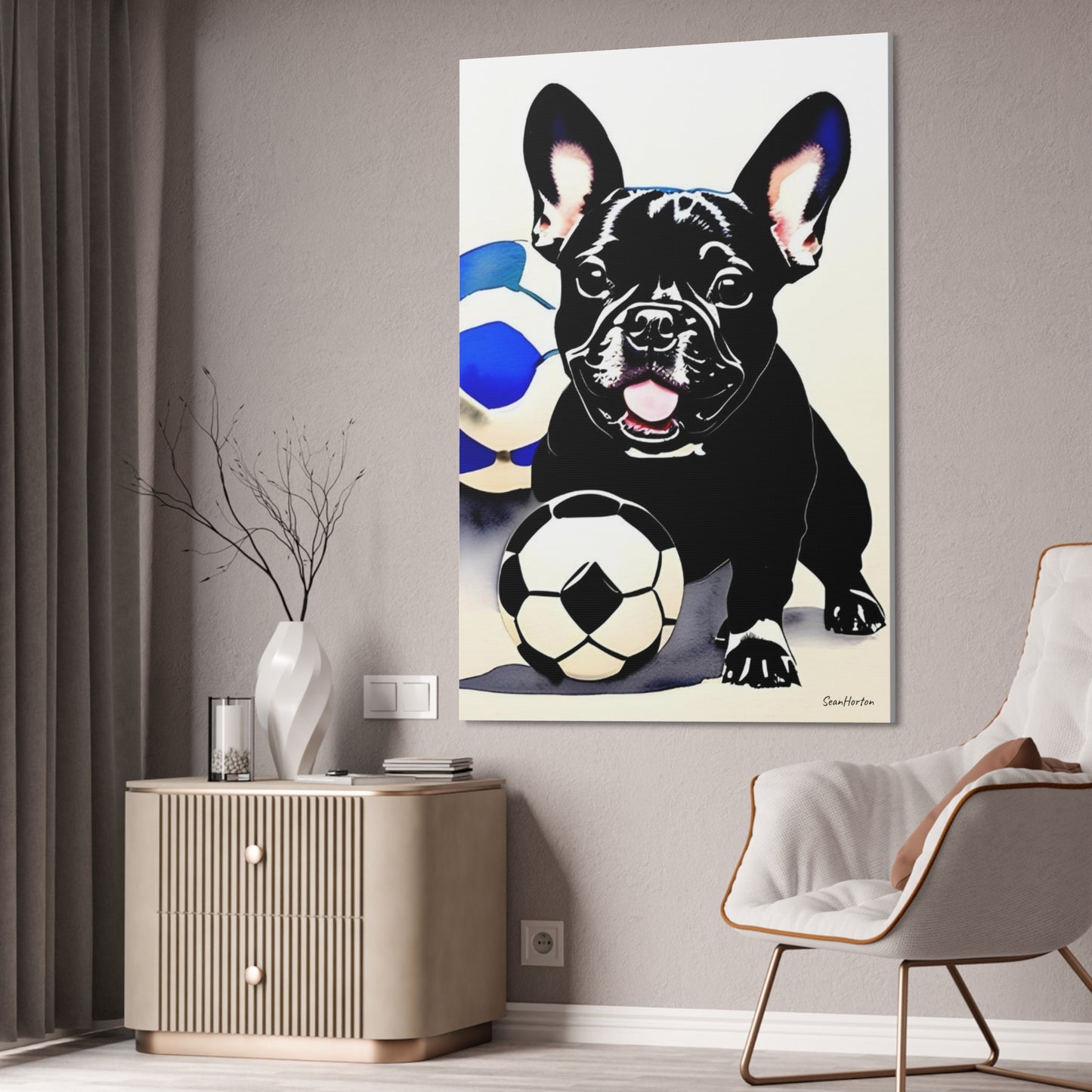 Frenchie with a Soccer Ball (Verticle) Canvas Stretched, 1.5''