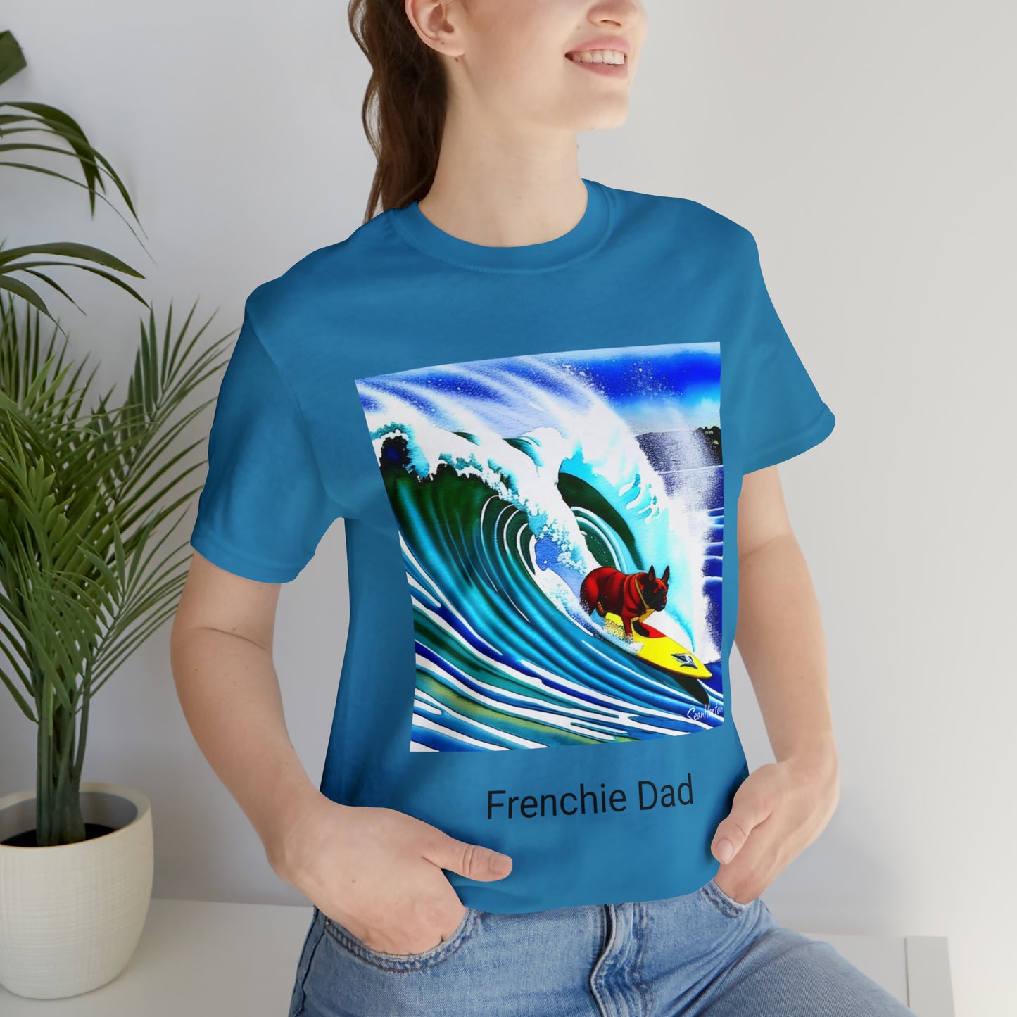 Surfing Frenchie/Frenchie Dad Unisex Jersey Short Sleeve Tee