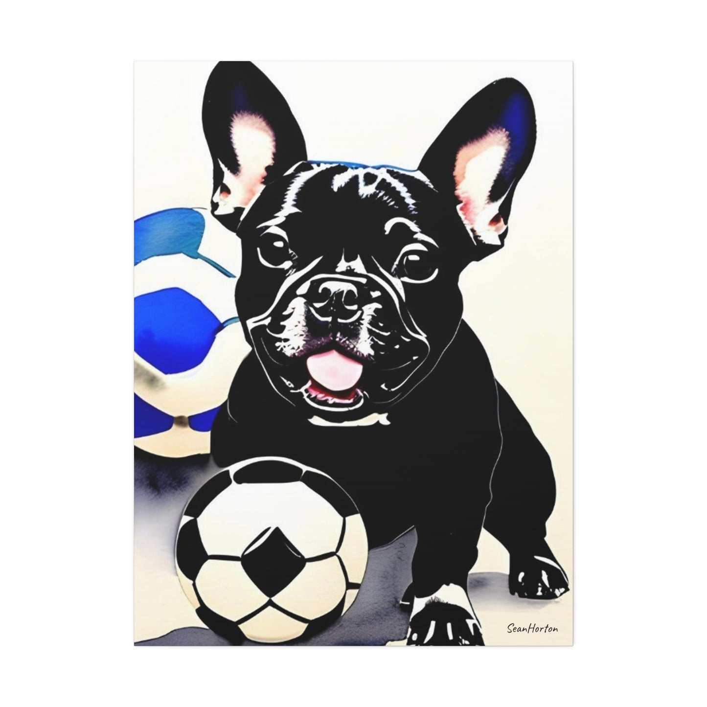 Frenchie with a Soccer Ball (Verticle) Canvas Stretched, 1.5''