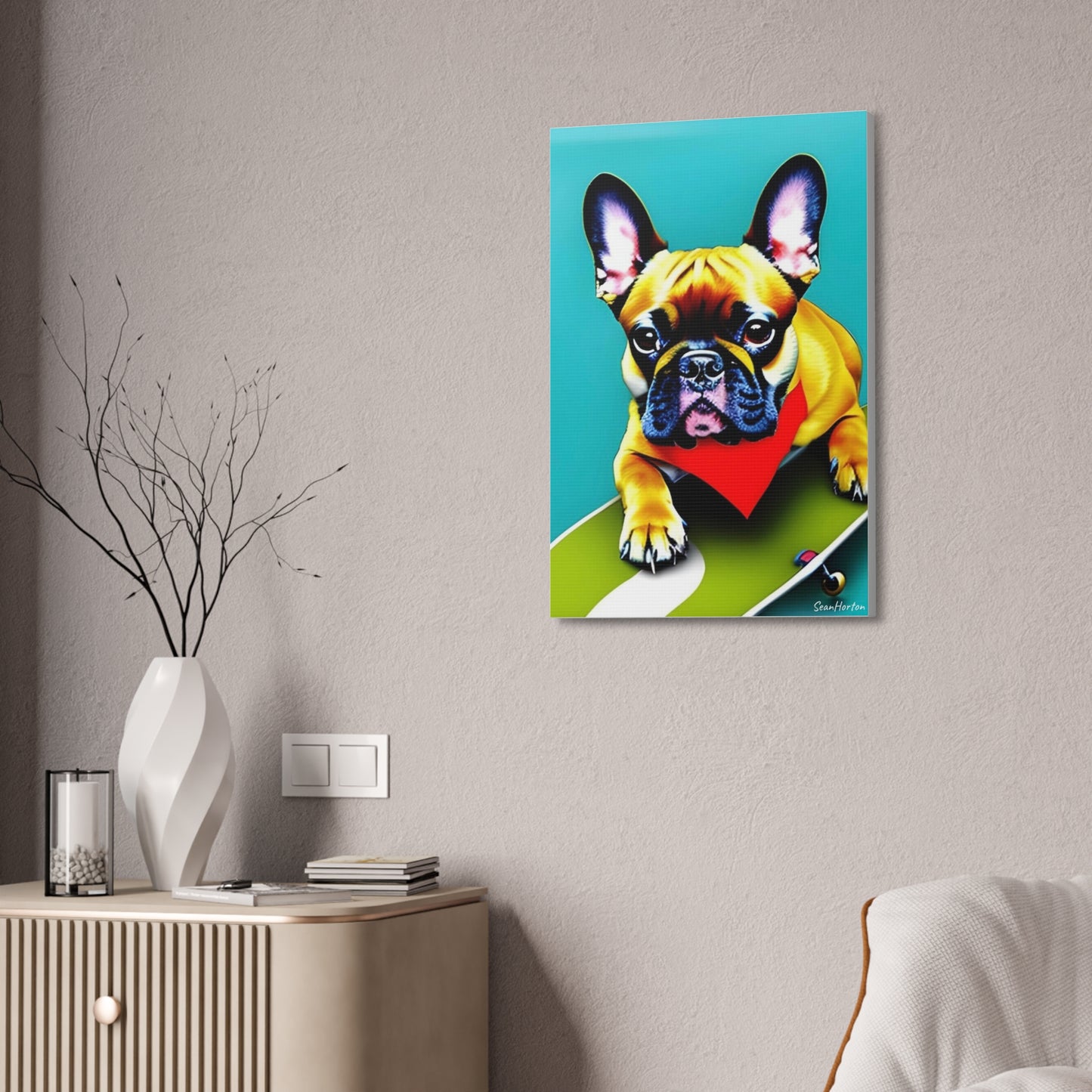 Frenchie on a Skateboard #2 (Verticle) Canvas Stretched, 1.5''