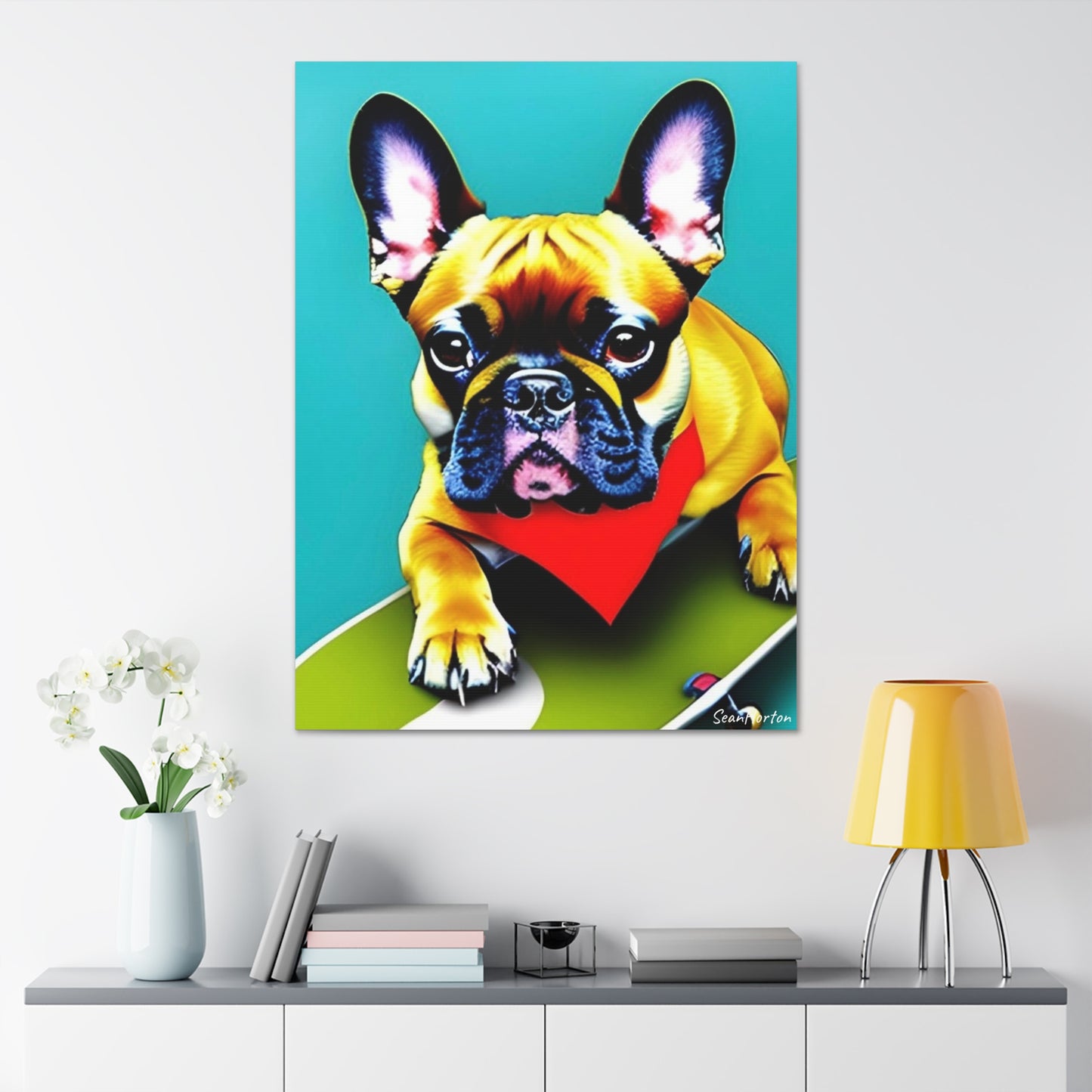 Frenchie on a Skateboard #2 (Verticle) Canvas Stretched, 1.5''