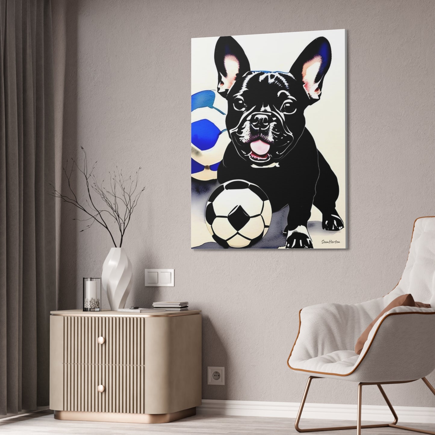 Frenchie with a Soccer Ball (Verticle) Canvas Stretched, 1.5''
