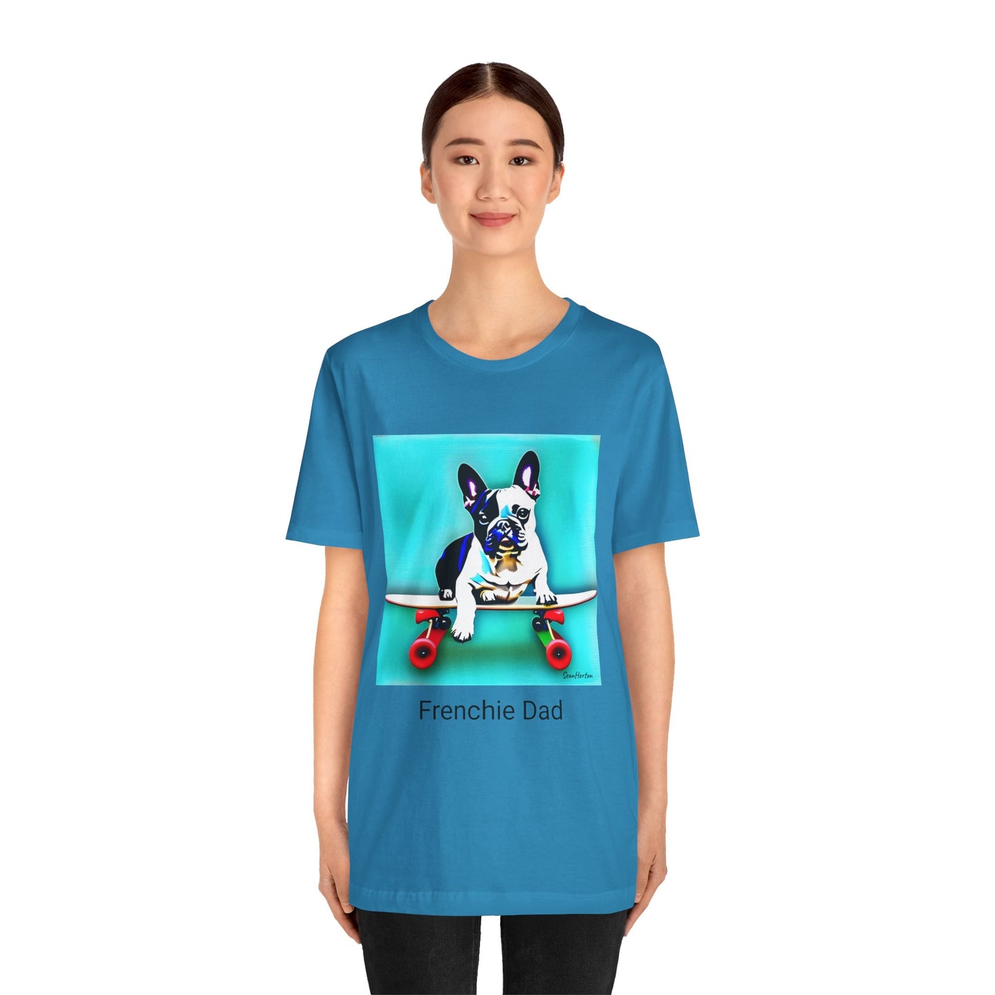 Frenchie on a Skateboard/Frenchie Dad Unisex Jersey Short Sleeve Tee