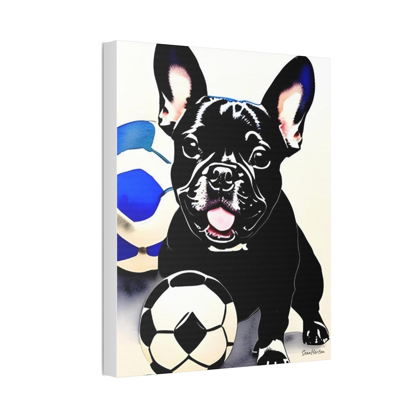 Frenchie with a Soccer Ball (Verticle) Canvas Stretched, 1.5''