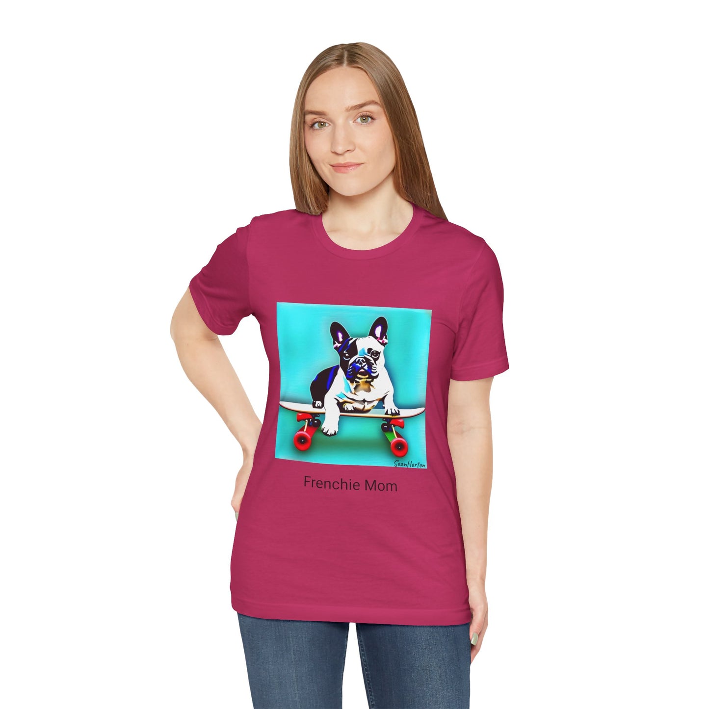 Frenchie on a Skateboard/Frenchie Mom Unisex Jersey Short Sleeve Tee