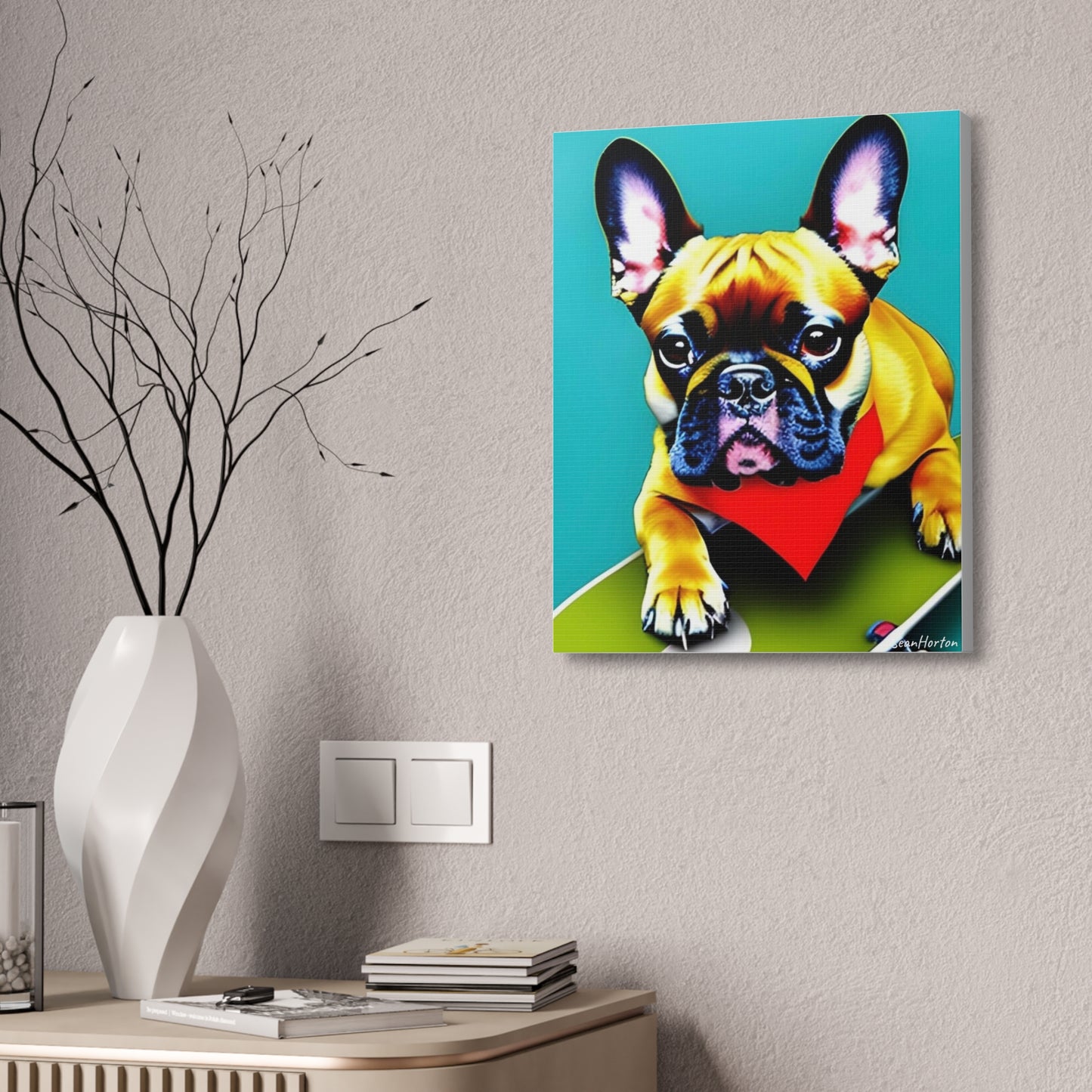 Frenchie on a Skateboard #2 (Verticle) Canvas Stretched, 1.5''