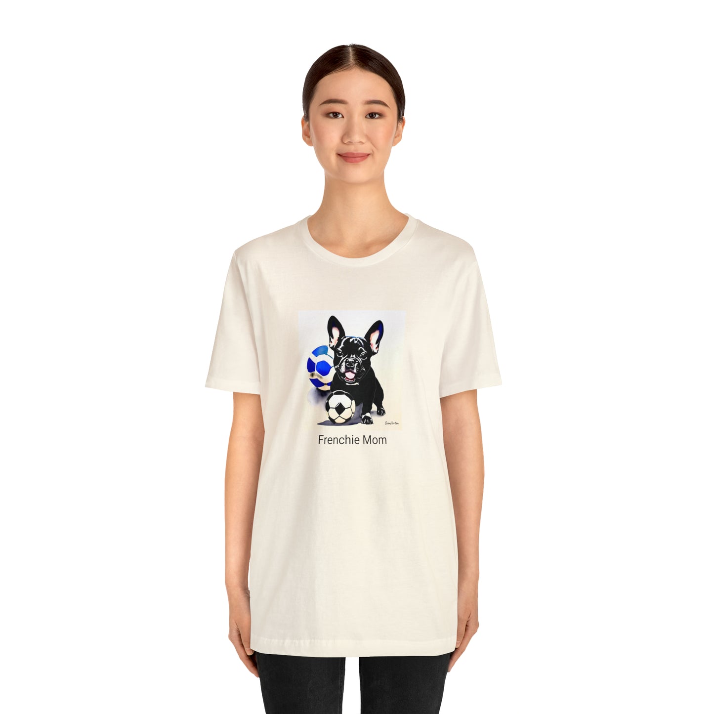 Frenchie with Soccer Ball/Frenchie Mom Unisex Jersey Short Sleeve Tee