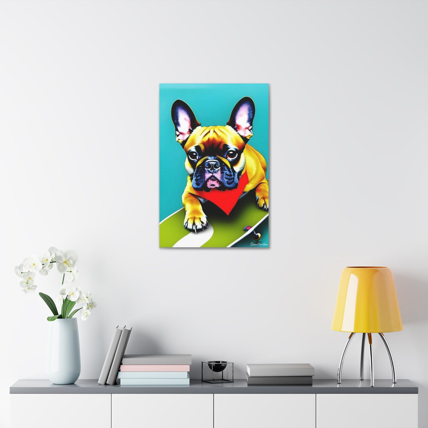 Frenchie on a Skateboard #2 (Verticle) Canvas Stretched, 1.5''