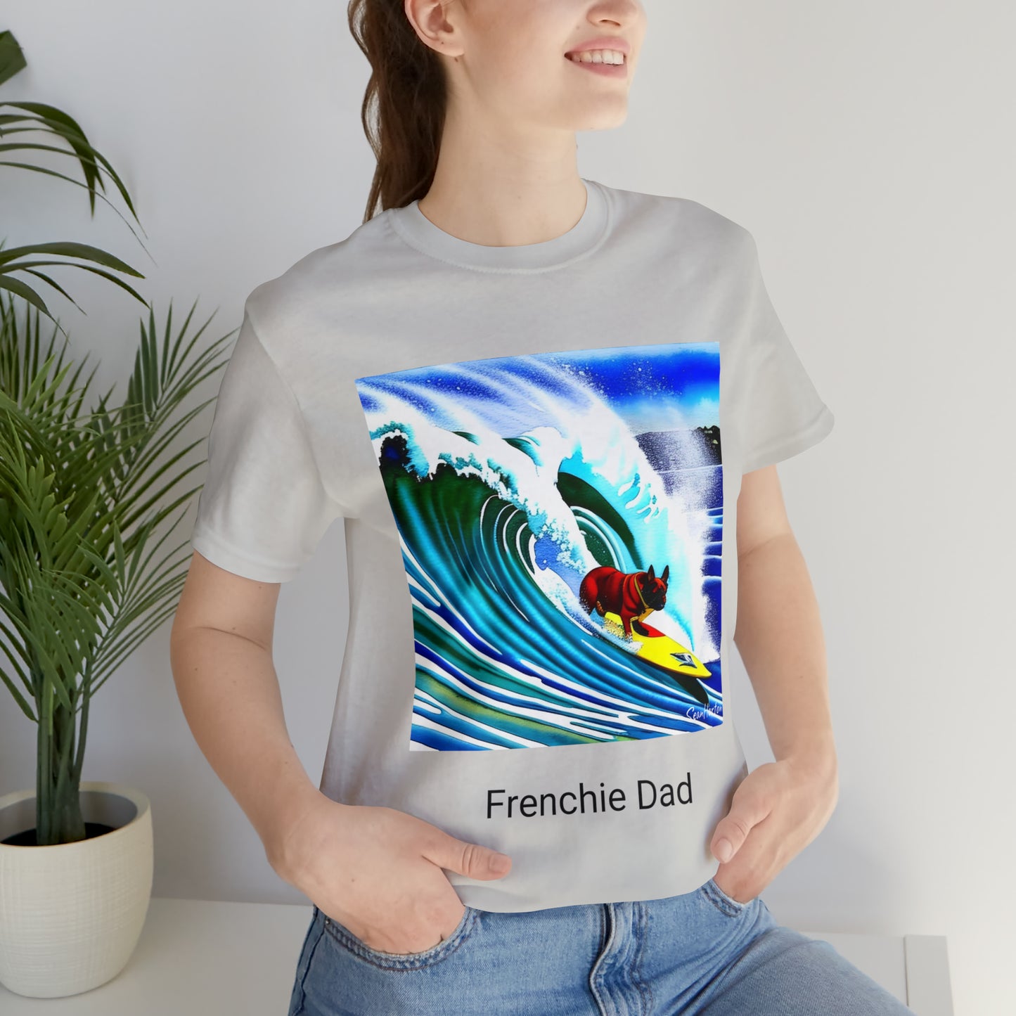 Surfing Frenchie/Frenchie Dad Unisex Jersey Short Sleeve Tee