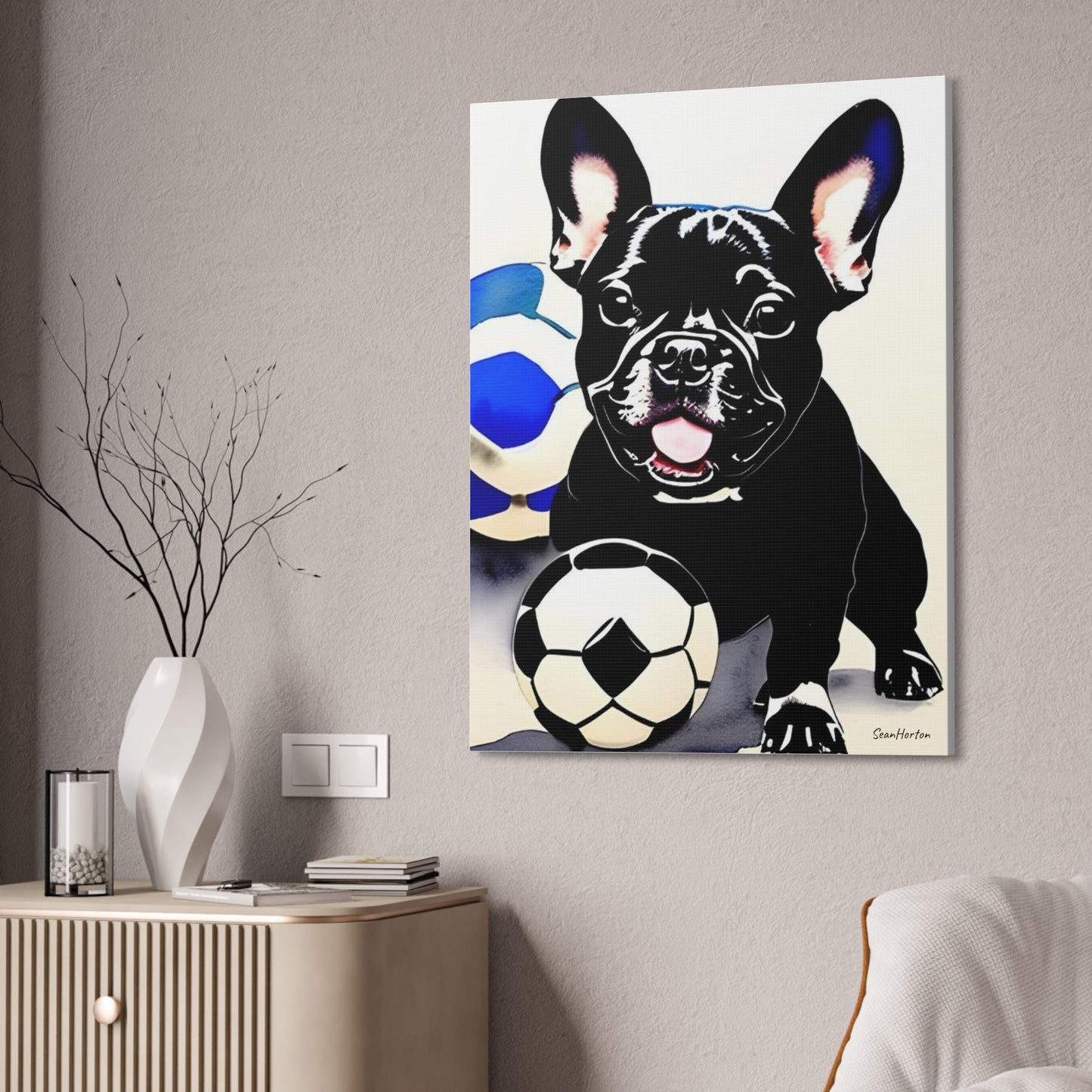 Frenchie with a Soccer Ball (Verticle) Canvas Stretched, 1.5''