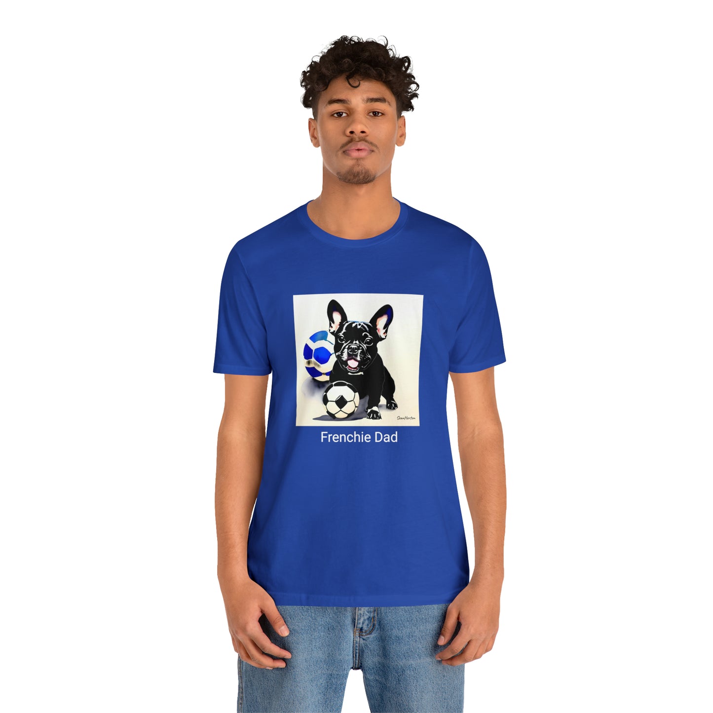 Frenchie with Soccer Ball/Frenchie Dad Unisex Jersey Short Sleeve Tee