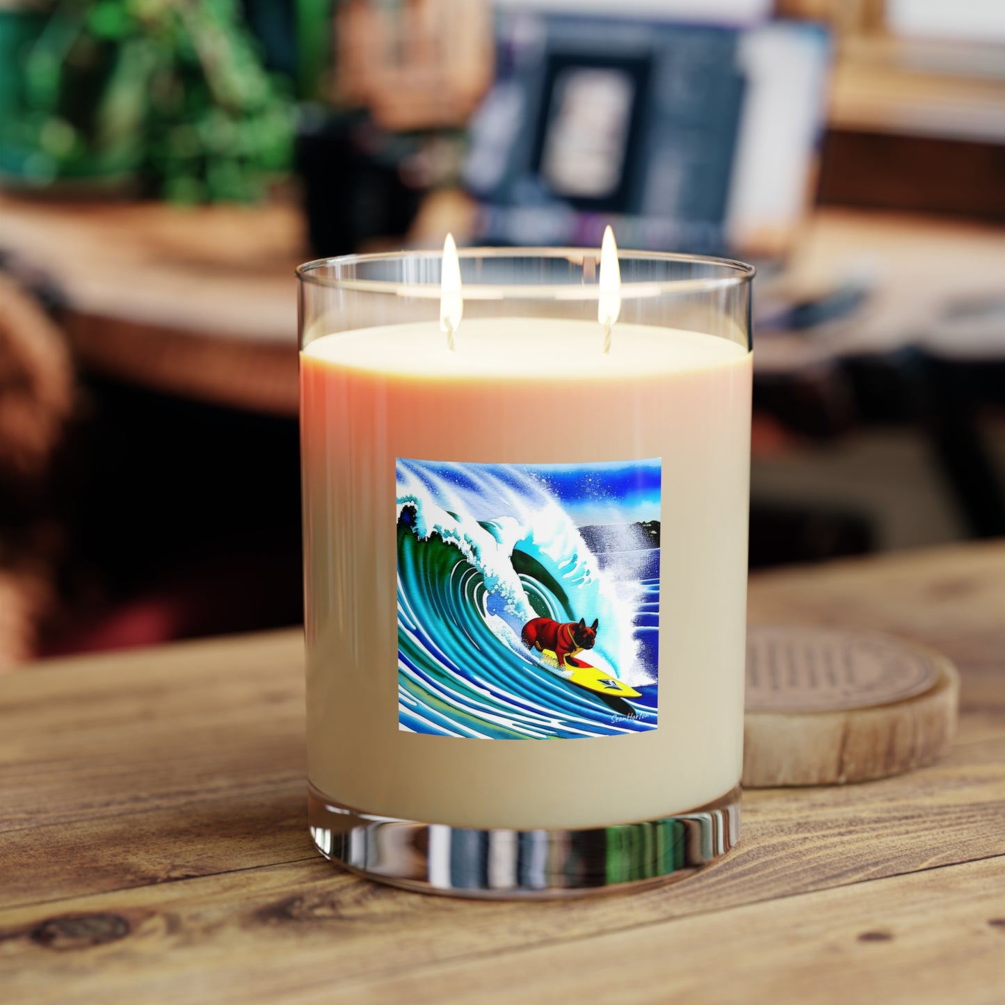 Surfing Frenchie Scented Candle - Full Glass, 11oz