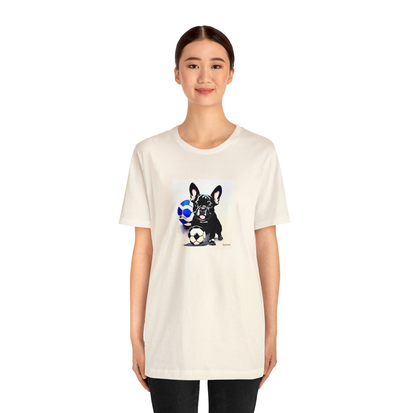 Frenchie with Soccer Ball Unisex Jersey Short Sleeve Tee