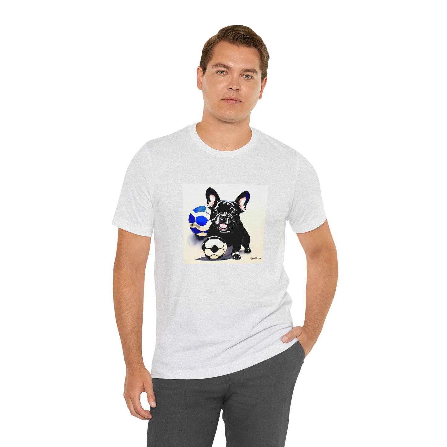 Frenchie with Soccer Ball Unisex Jersey Short Sleeve Tee