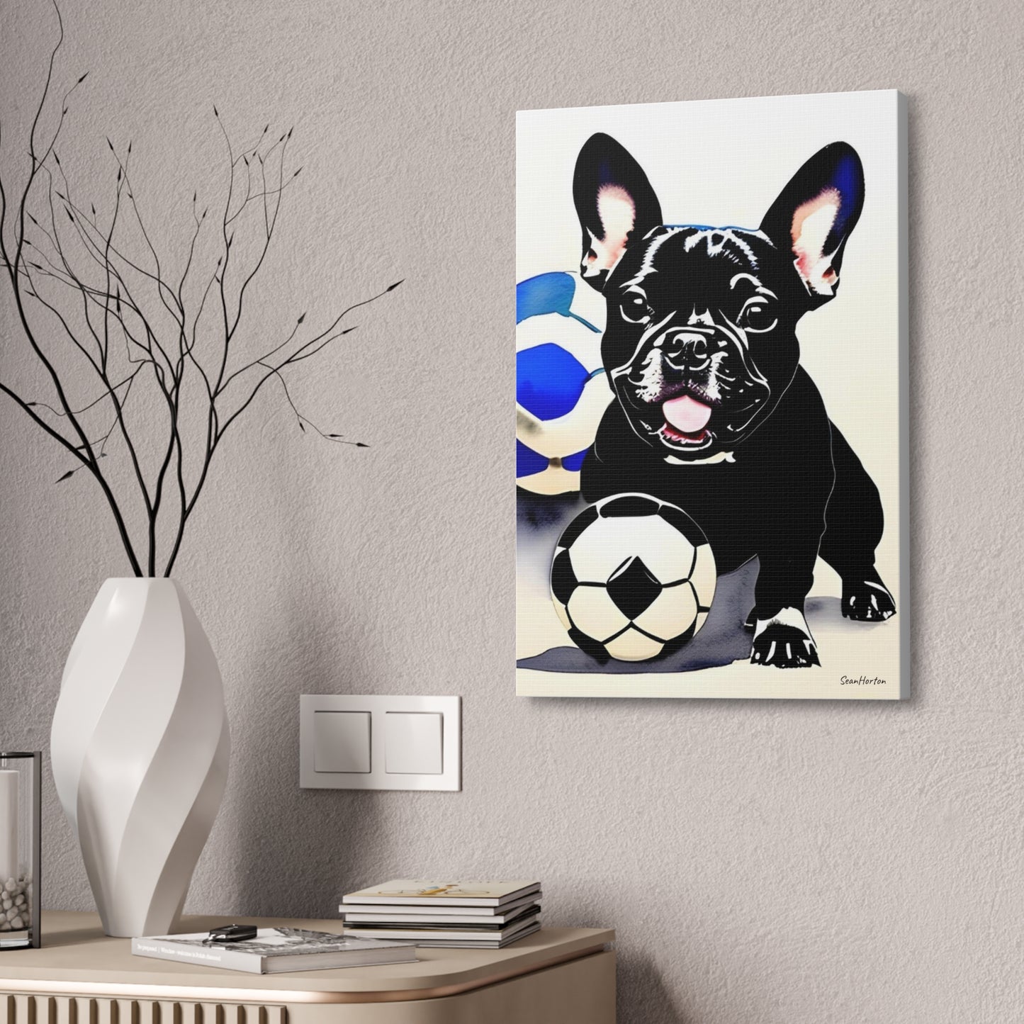 Frenchie with a Soccer Ball (Verticle) Canvas Stretched, 1.5''