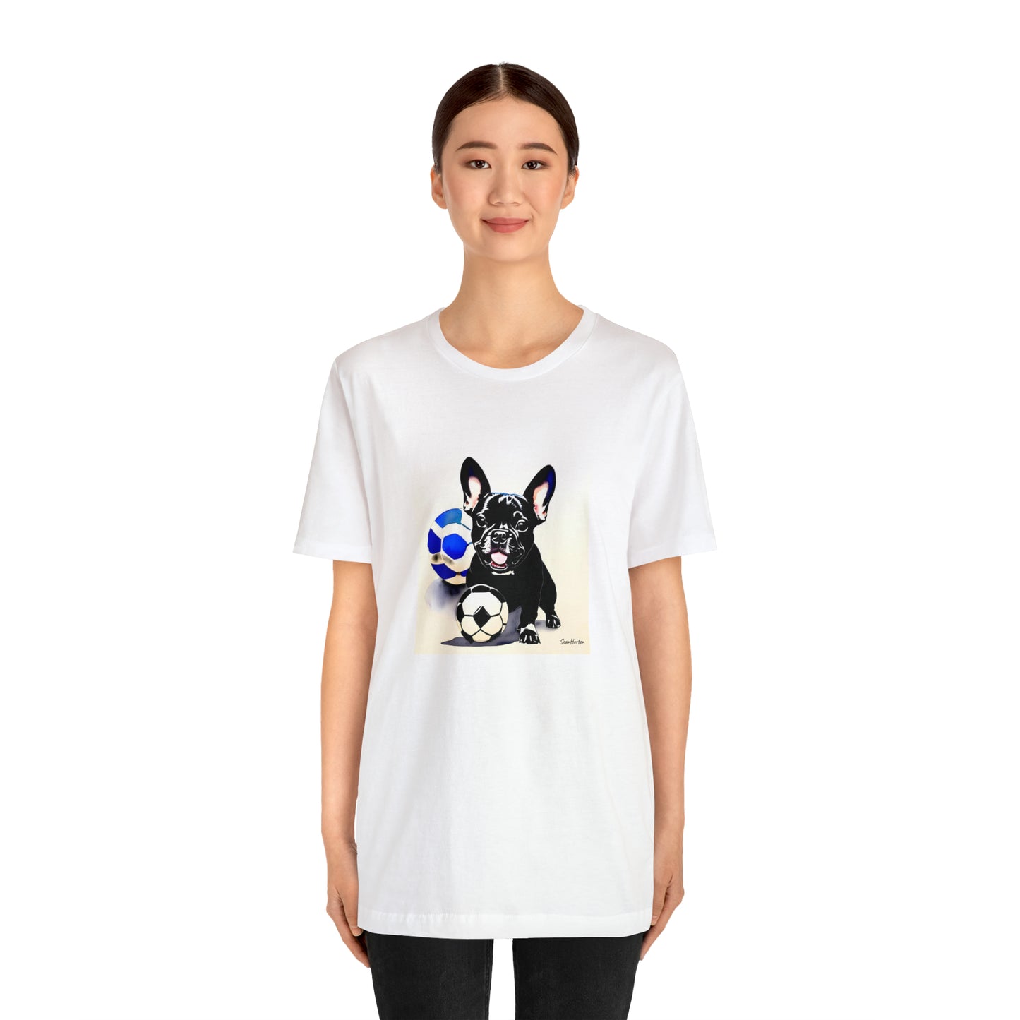 Frenchie with Soccer Ball Unisex Jersey Short Sleeve Tee