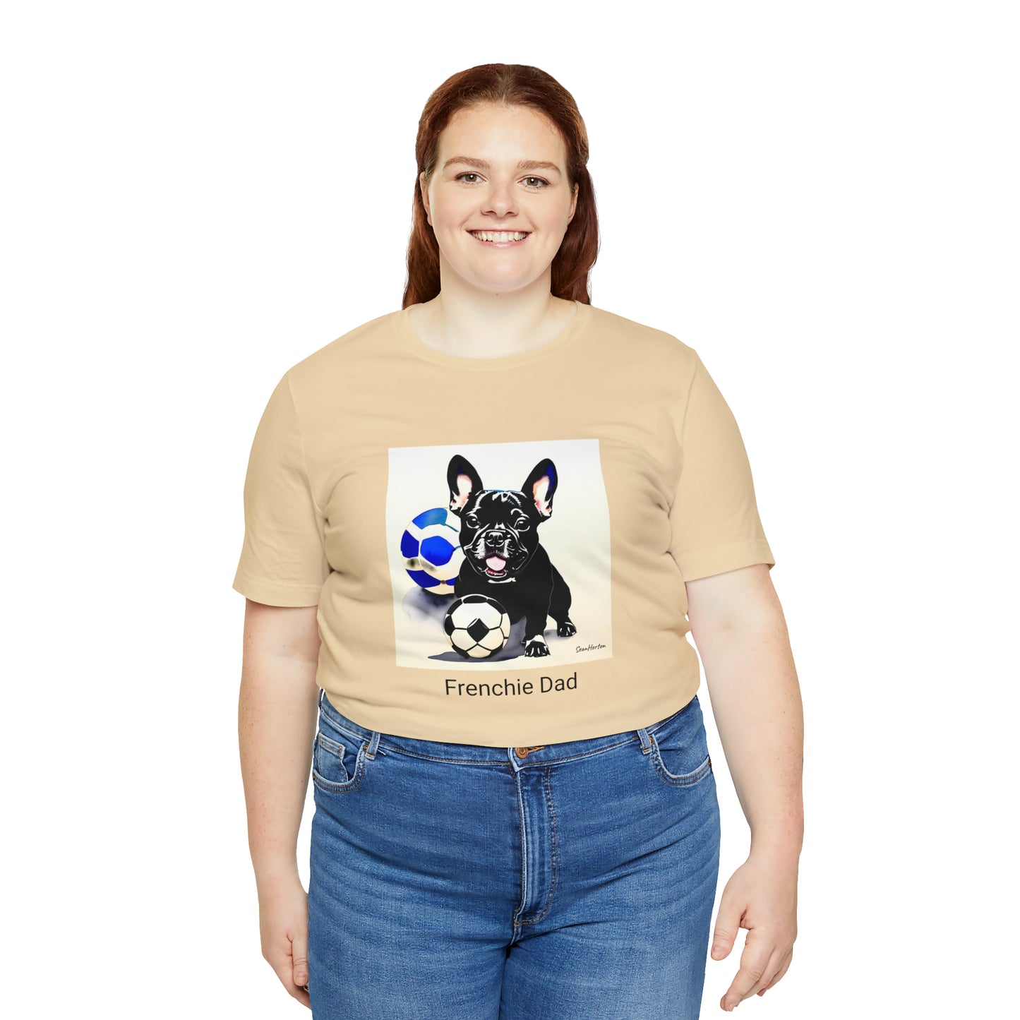 Frenchie with Soccer Ball/Frenchie Dad Unisex Jersey Short Sleeve Tee