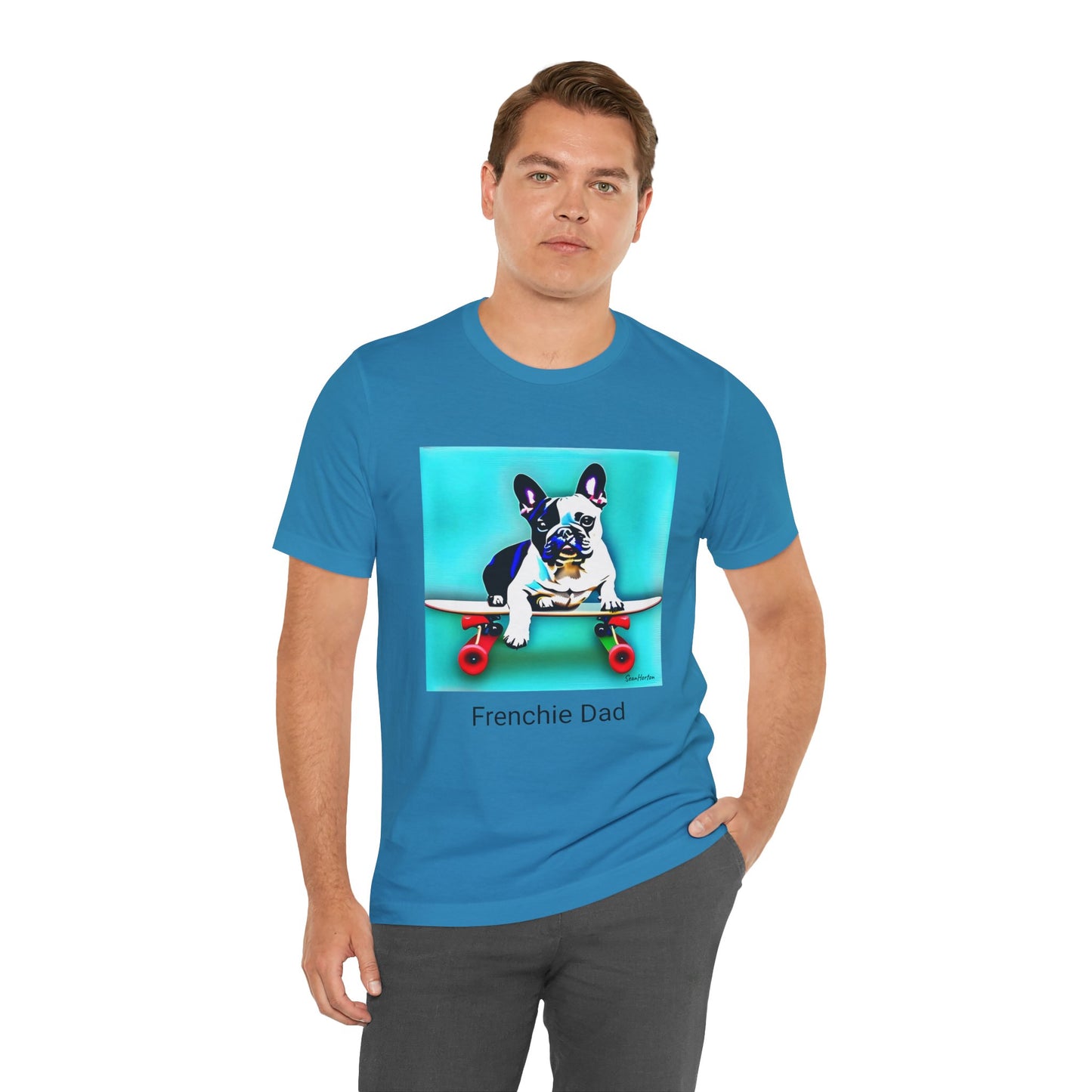Frenchie on a Skateboard/Frenchie Dad Unisex Jersey Short Sleeve Tee