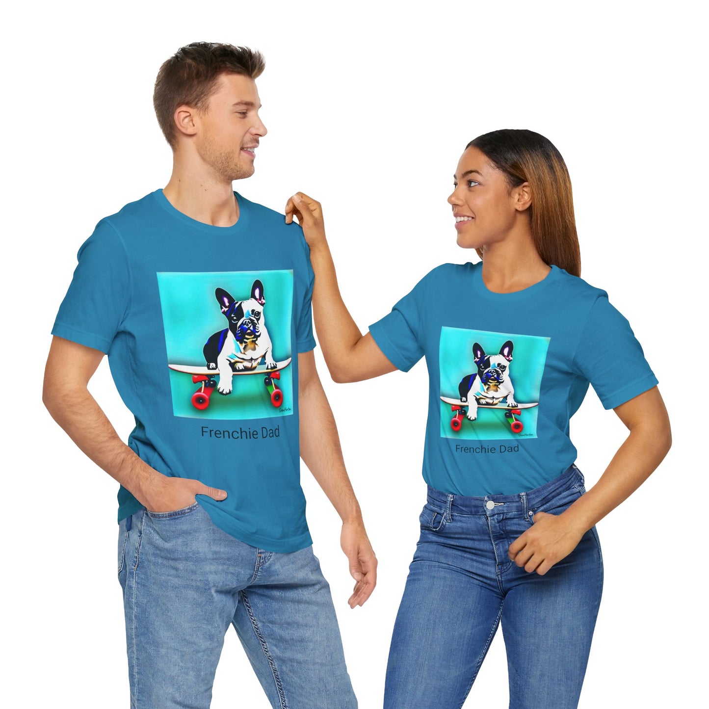 Frenchie on a Skateboard/Frenchie Dad Unisex Jersey Short Sleeve Tee