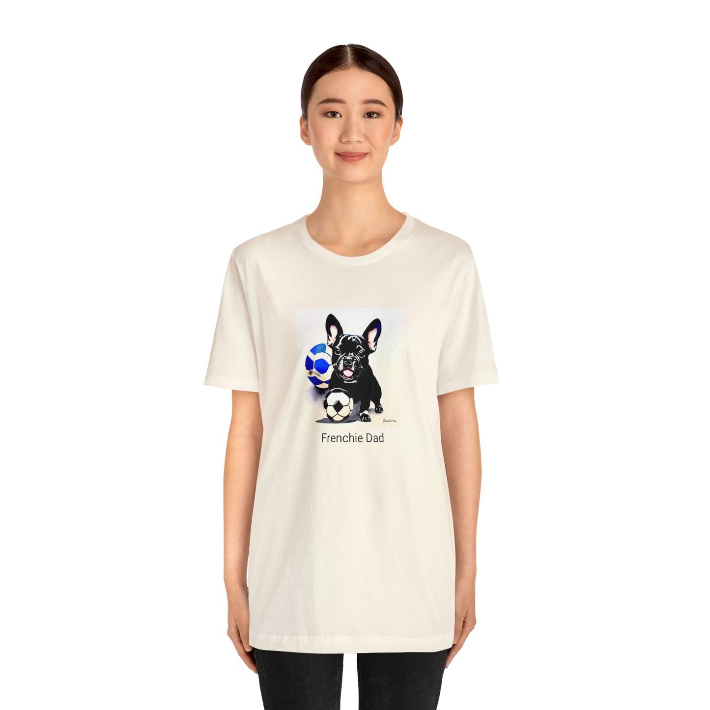 Frenchie with Soccer Ball/Frenchie Dad Unisex Jersey Short Sleeve Tee