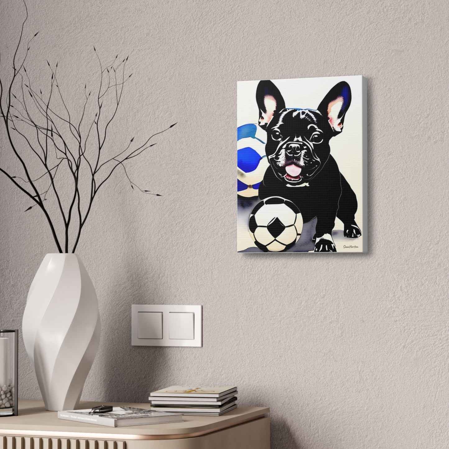 Frenchie with a Soccer Ball (Verticle) Canvas Stretched, 1.5''