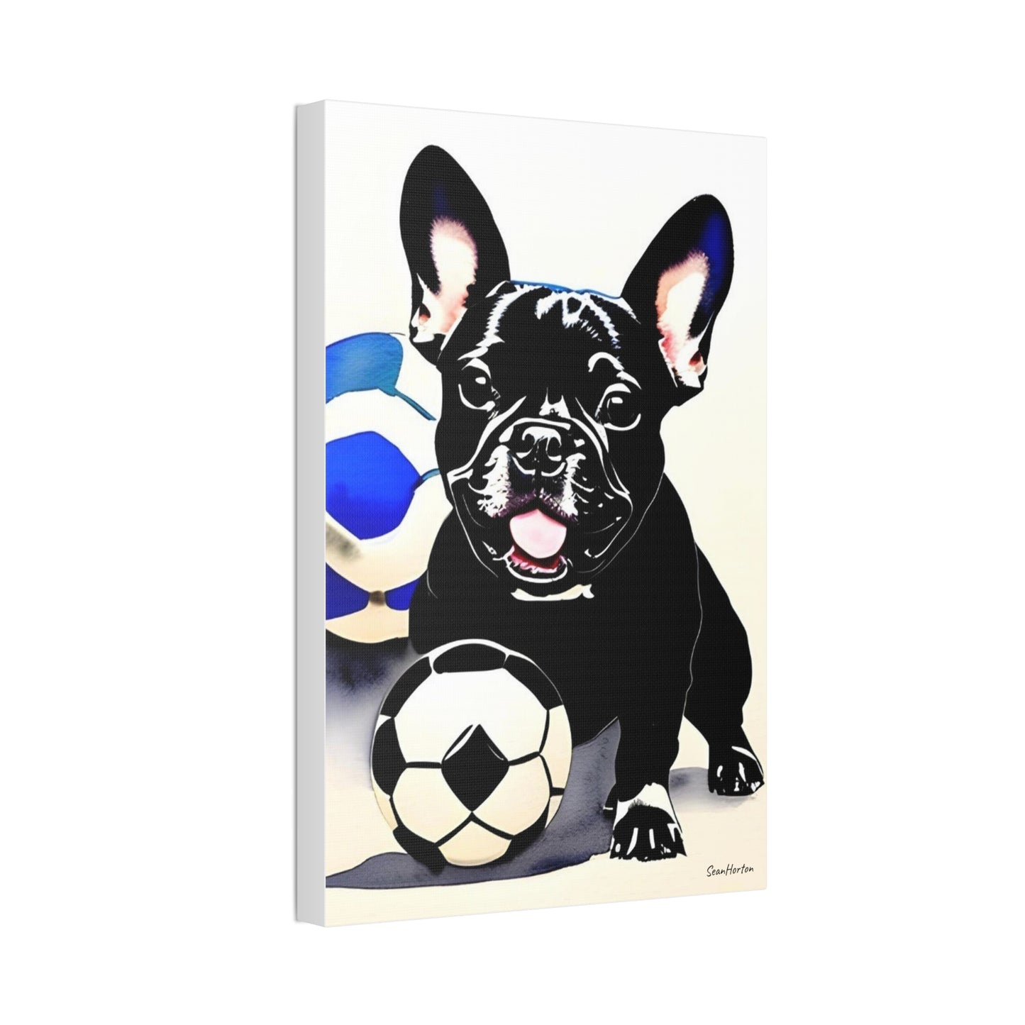 Frenchie with a Soccer Ball (Verticle) Canvas Stretched, 1.5''
