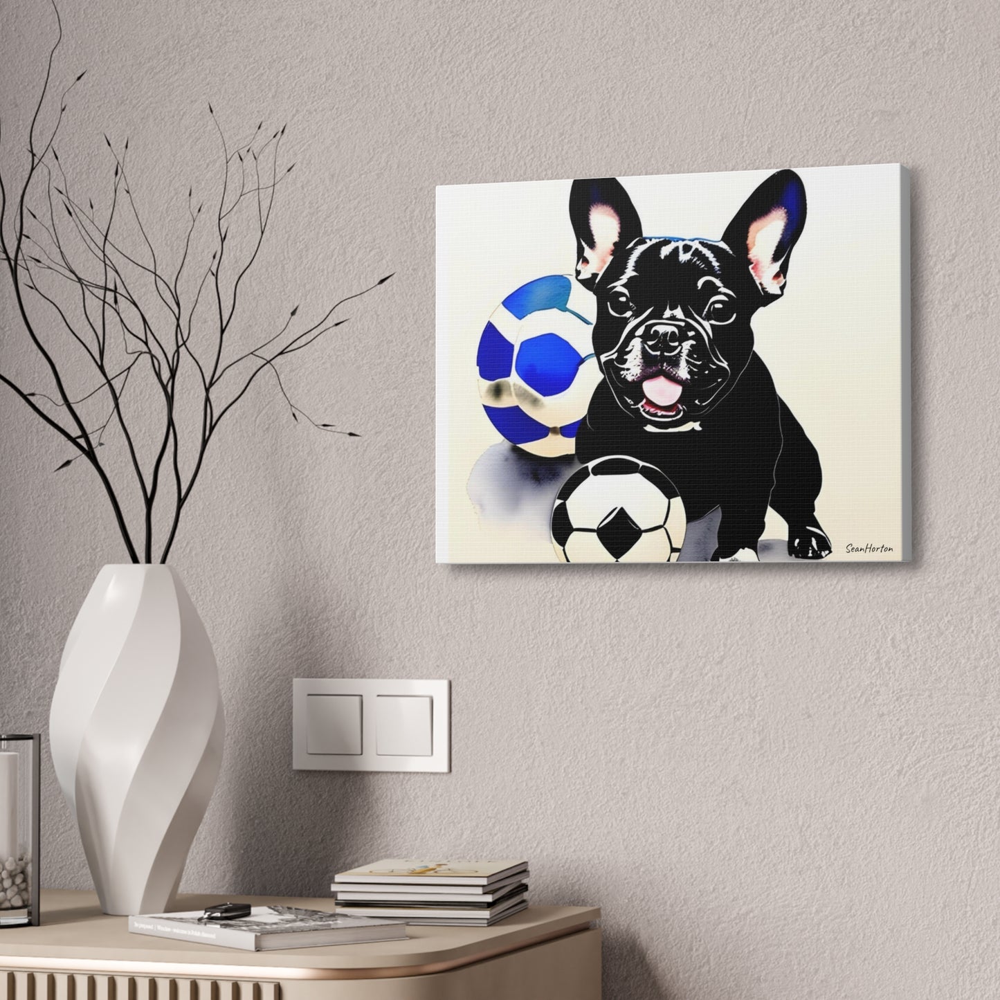 Frenchie with a Soccer Ball(Horizontal) Canvas Stretched, 1.5''