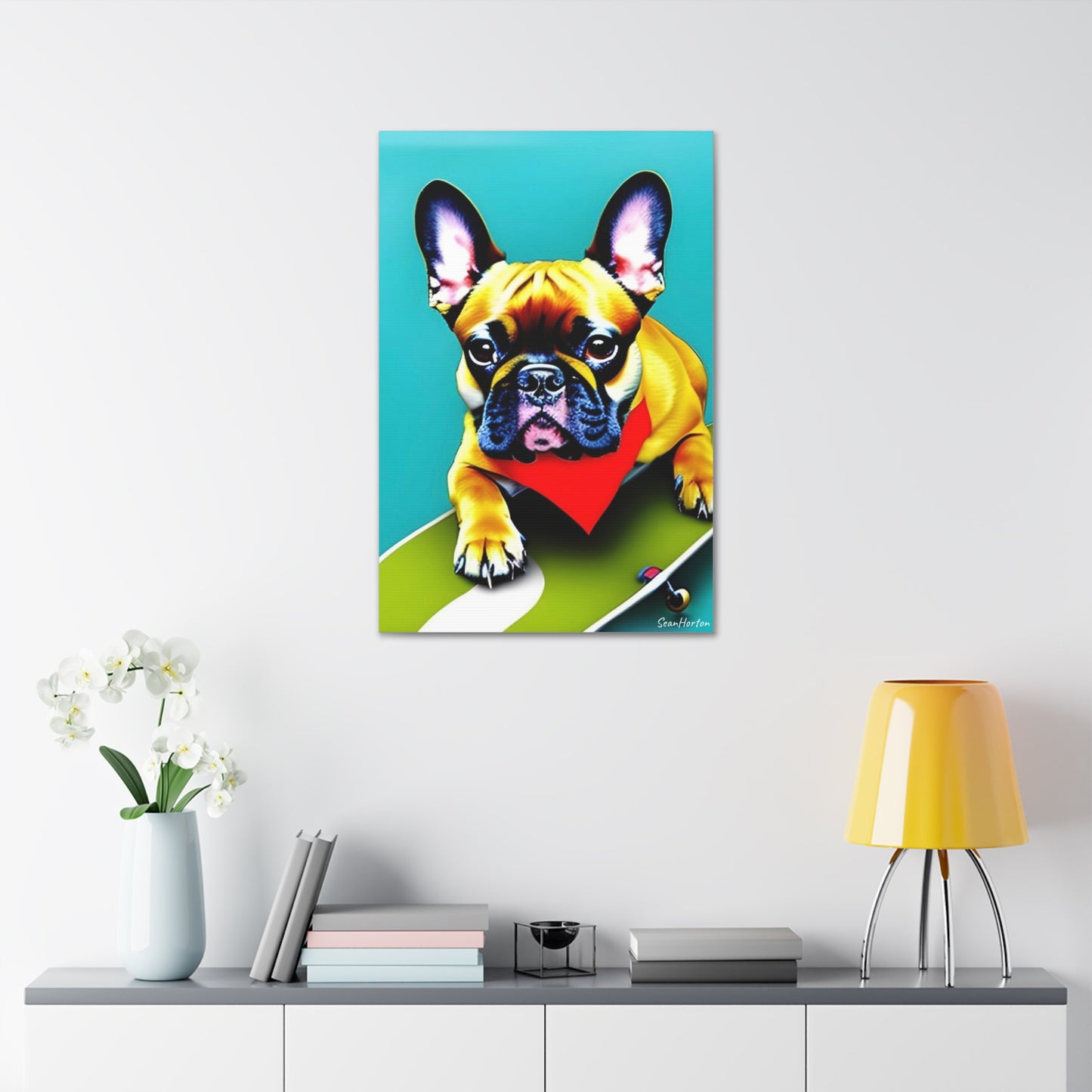 Frenchie on a Skateboard #2 (Verticle) Canvas Stretched, 1.5''