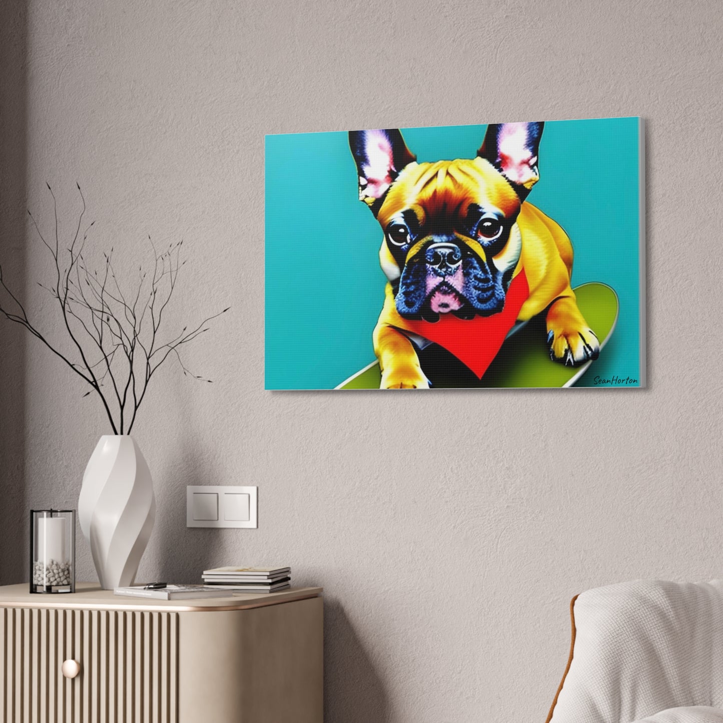 Frenchie on a Skateboard #2 (Horizontal) Canvas Stretched, 1.5''