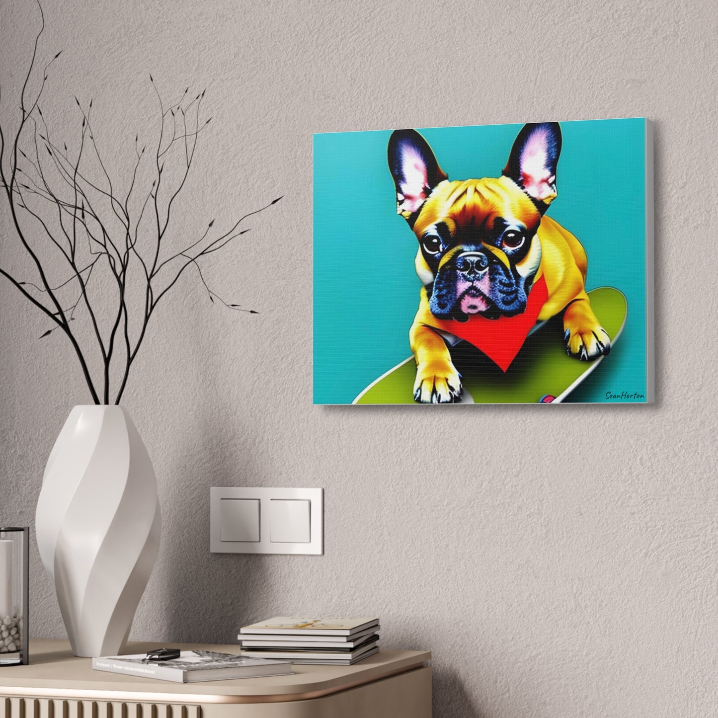 Frenchie on a Skateboard #2 (Horizontal) Canvas Stretched, 1.5''