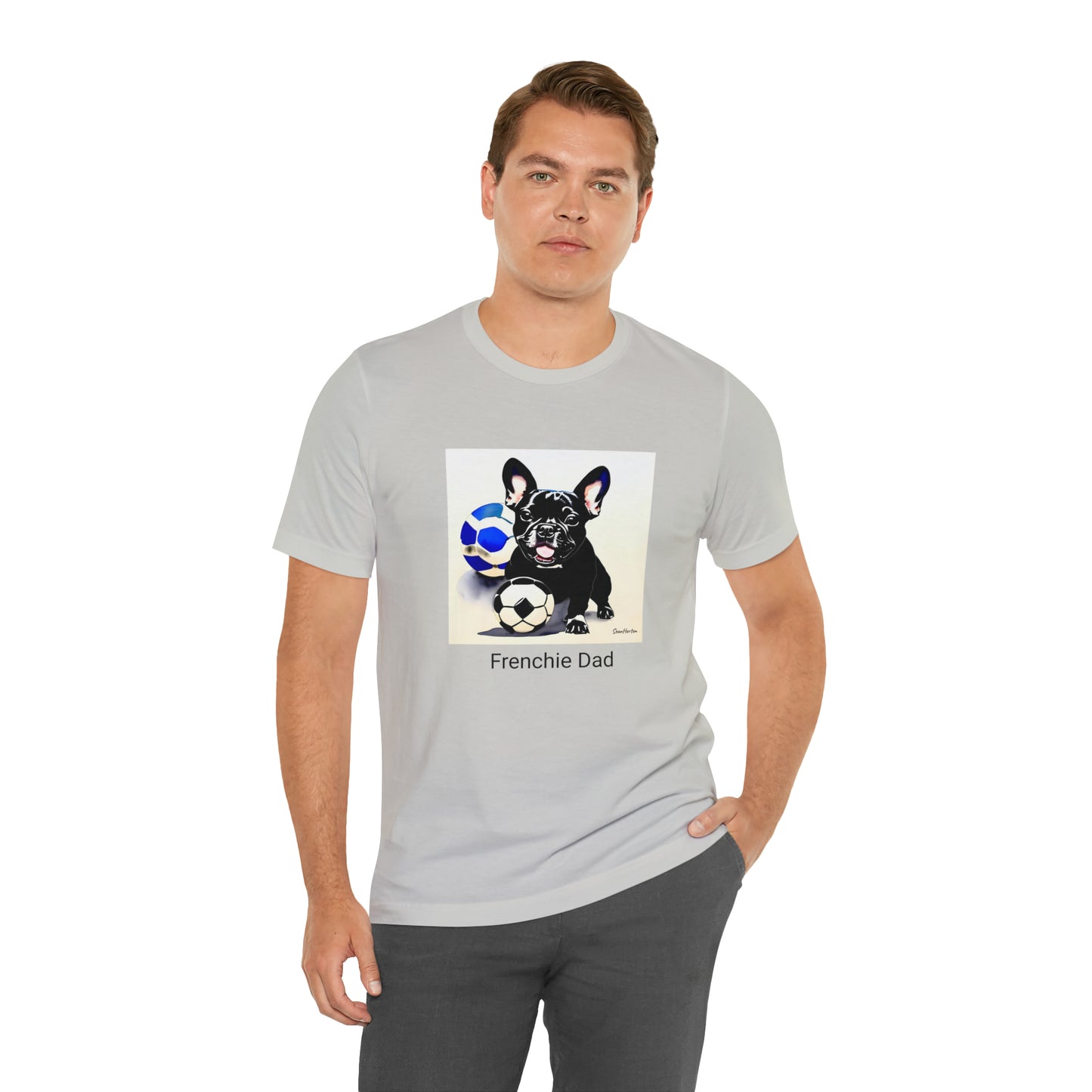 Frenchie with Soccer Ball/Frenchie Dad Unisex Jersey Short Sleeve Tee