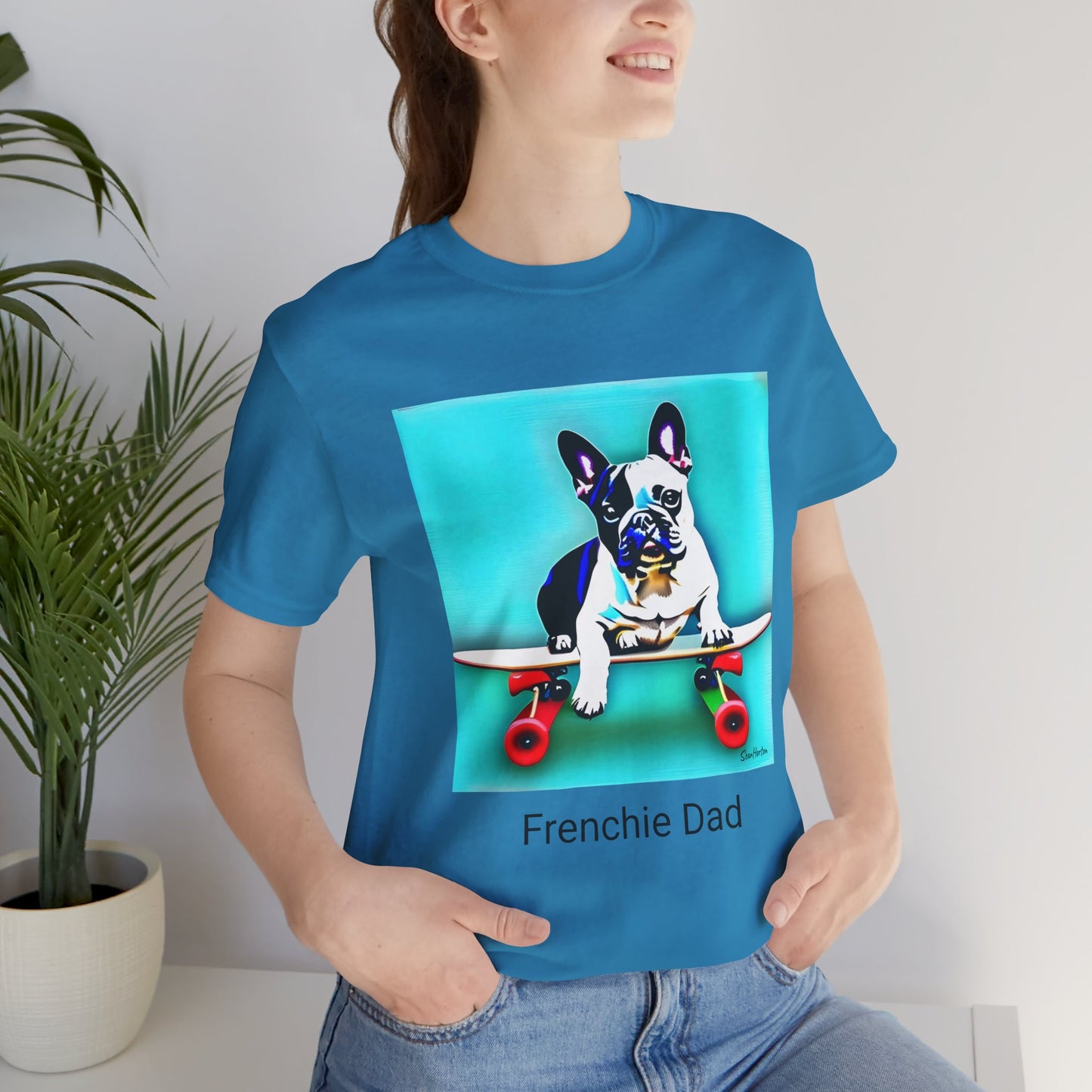 Frenchie on a Skateboard/Frenchie Dad Unisex Jersey Short Sleeve Tee