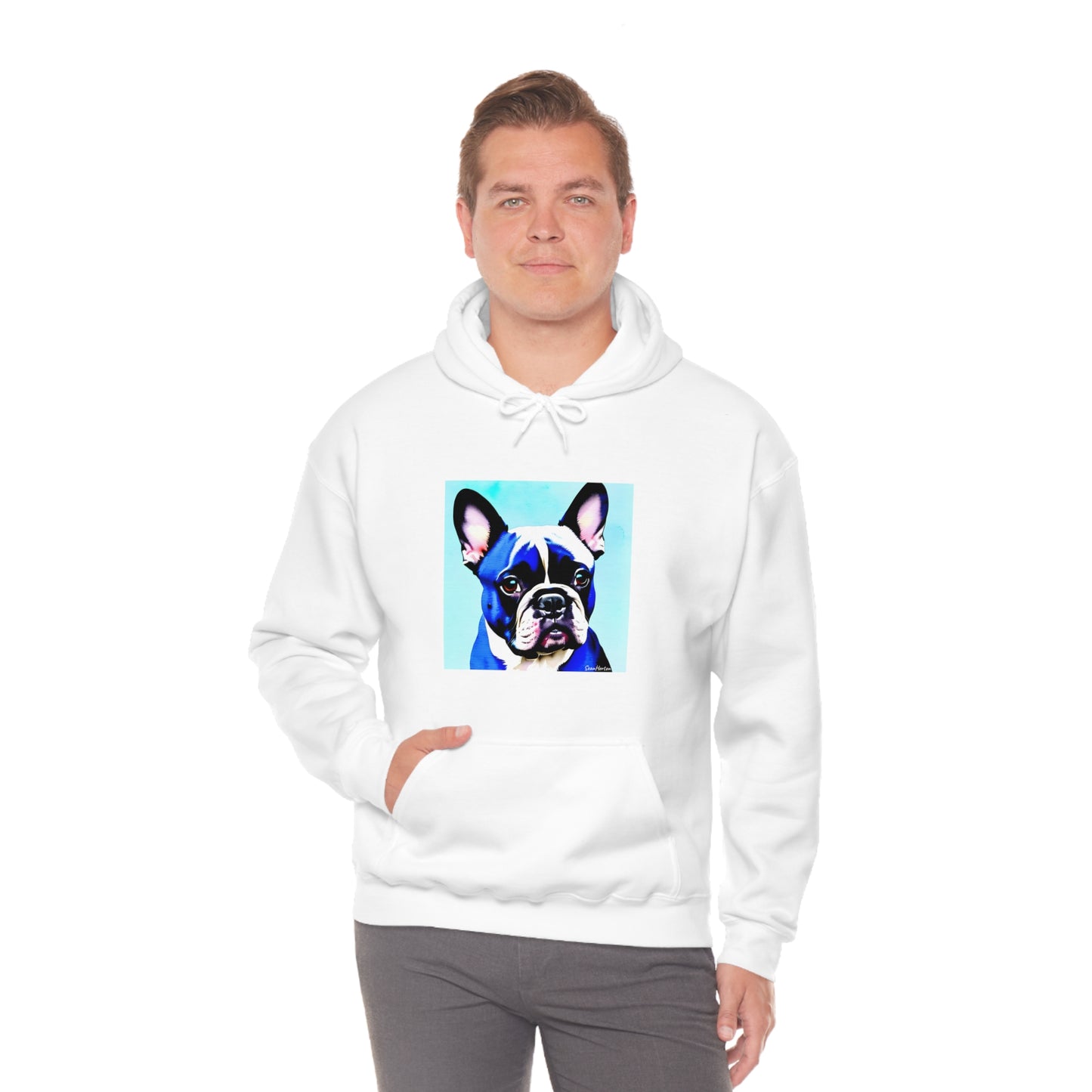 Blue Frenchie/Frenchie Mom on Back Unisex Heavy Blend™ Hooded Sweatshirt