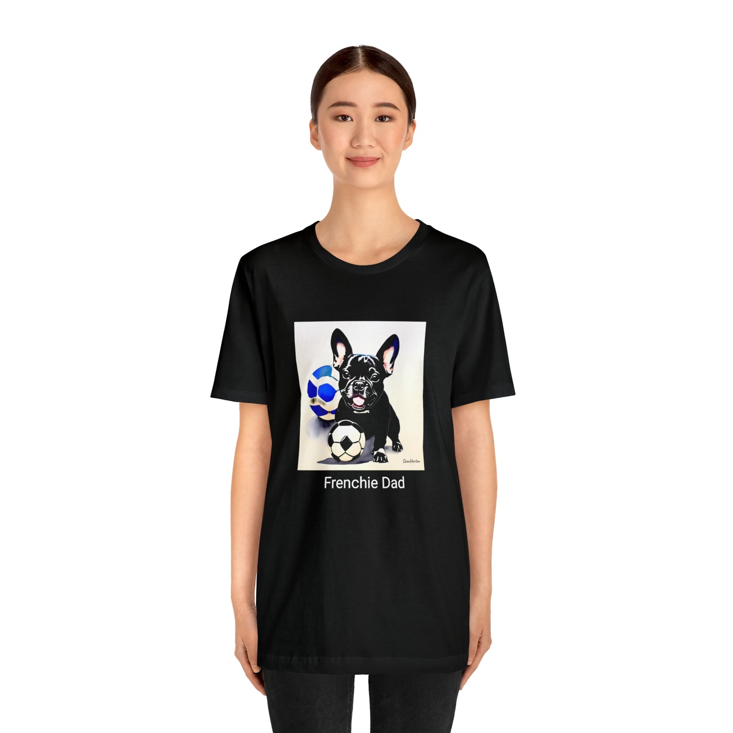 Frenchie with Soccer Ball/Frenchie Dad Unisex Jersey Short Sleeve Tee